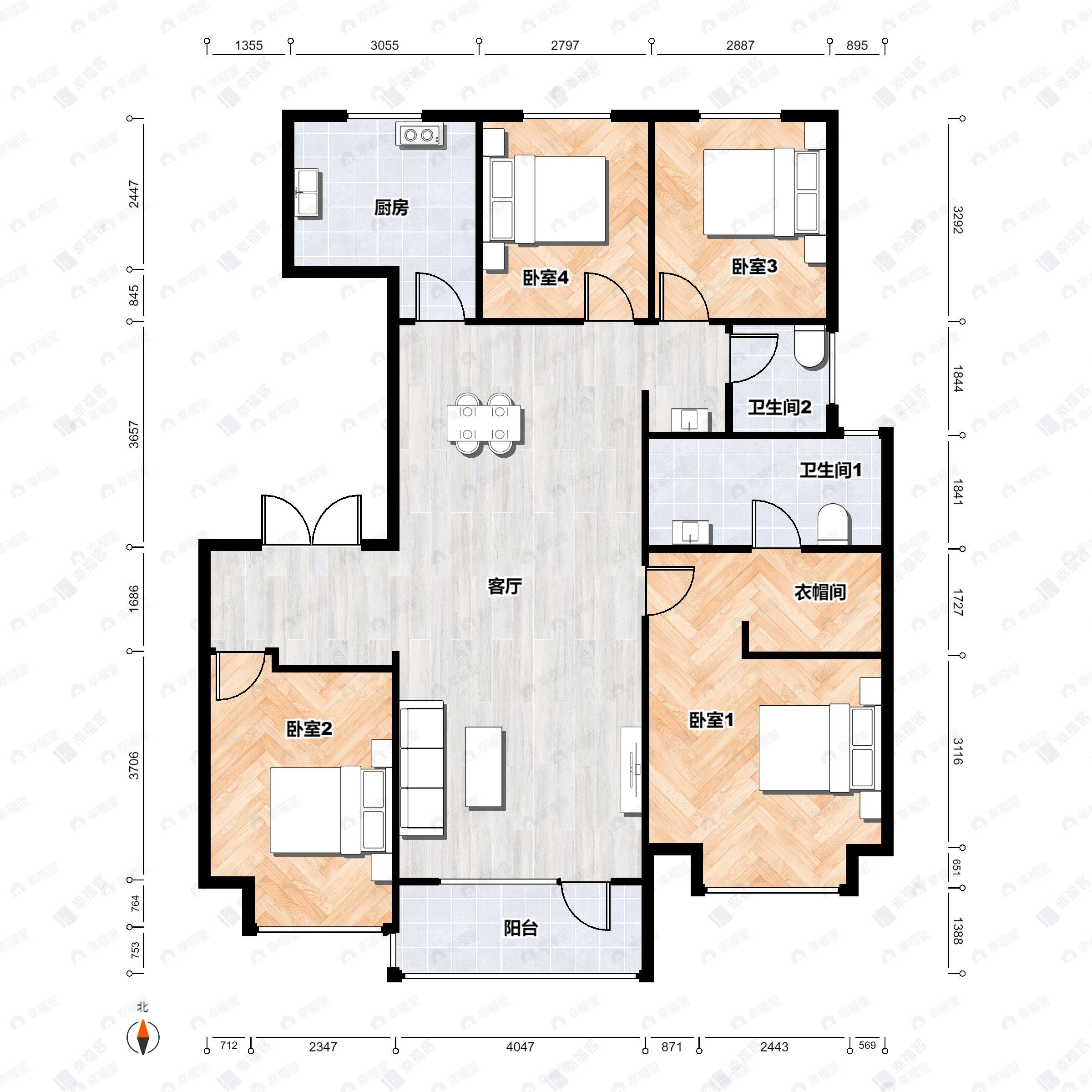 4室2厅2卫建面140m²南|北户型图