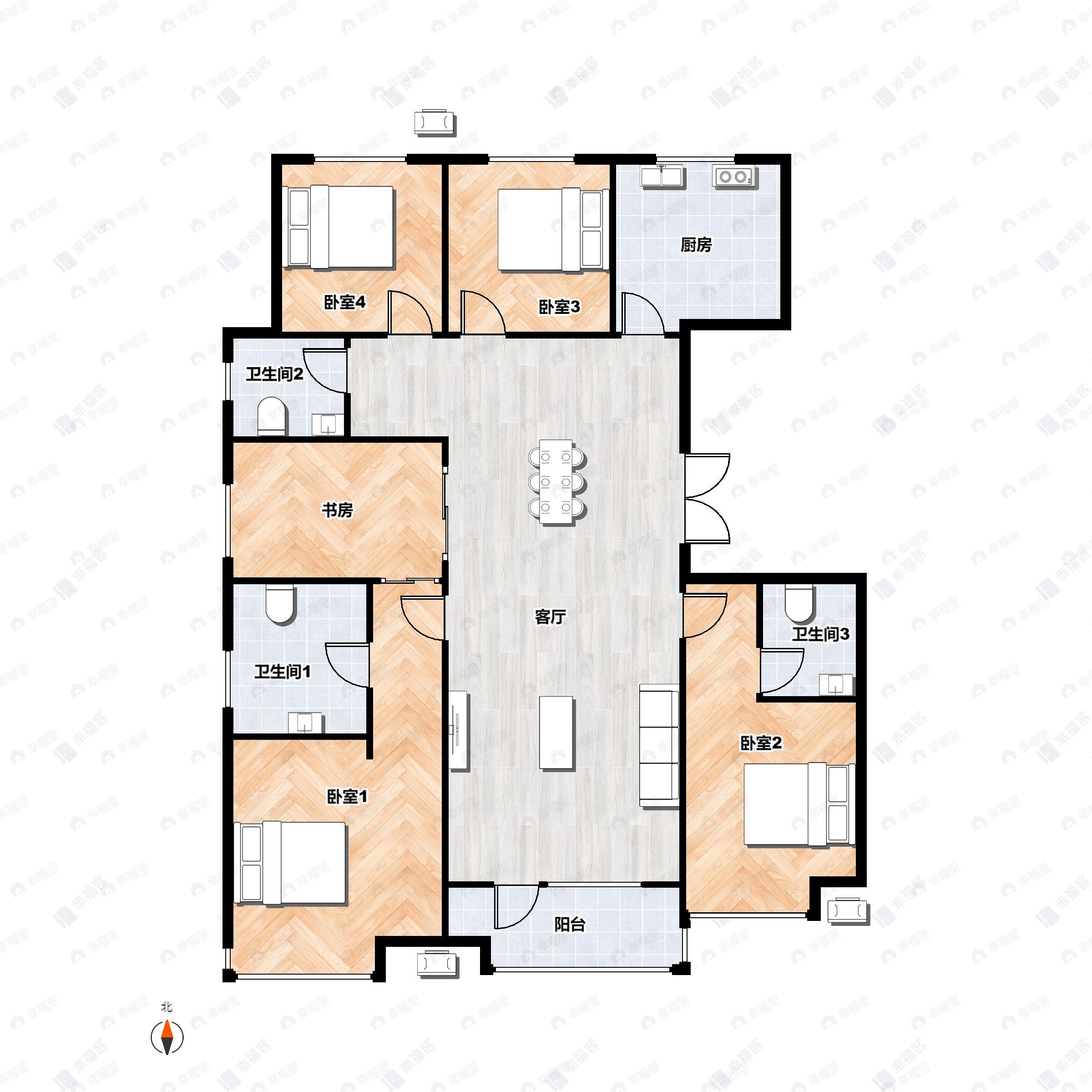 5室2厅3卫建面160平北|南户型图