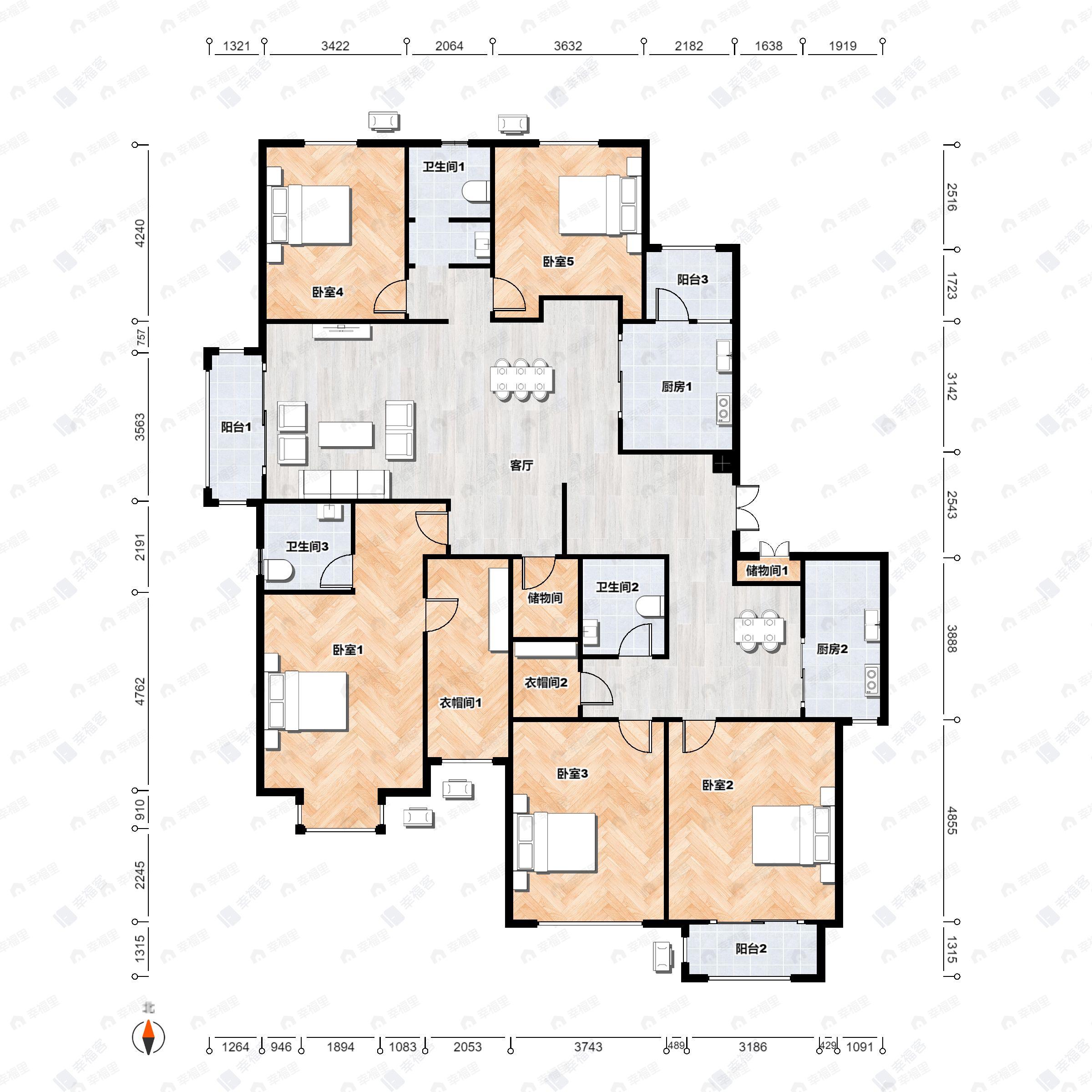 5室3厅3卫建面242平北|南|西户型图
