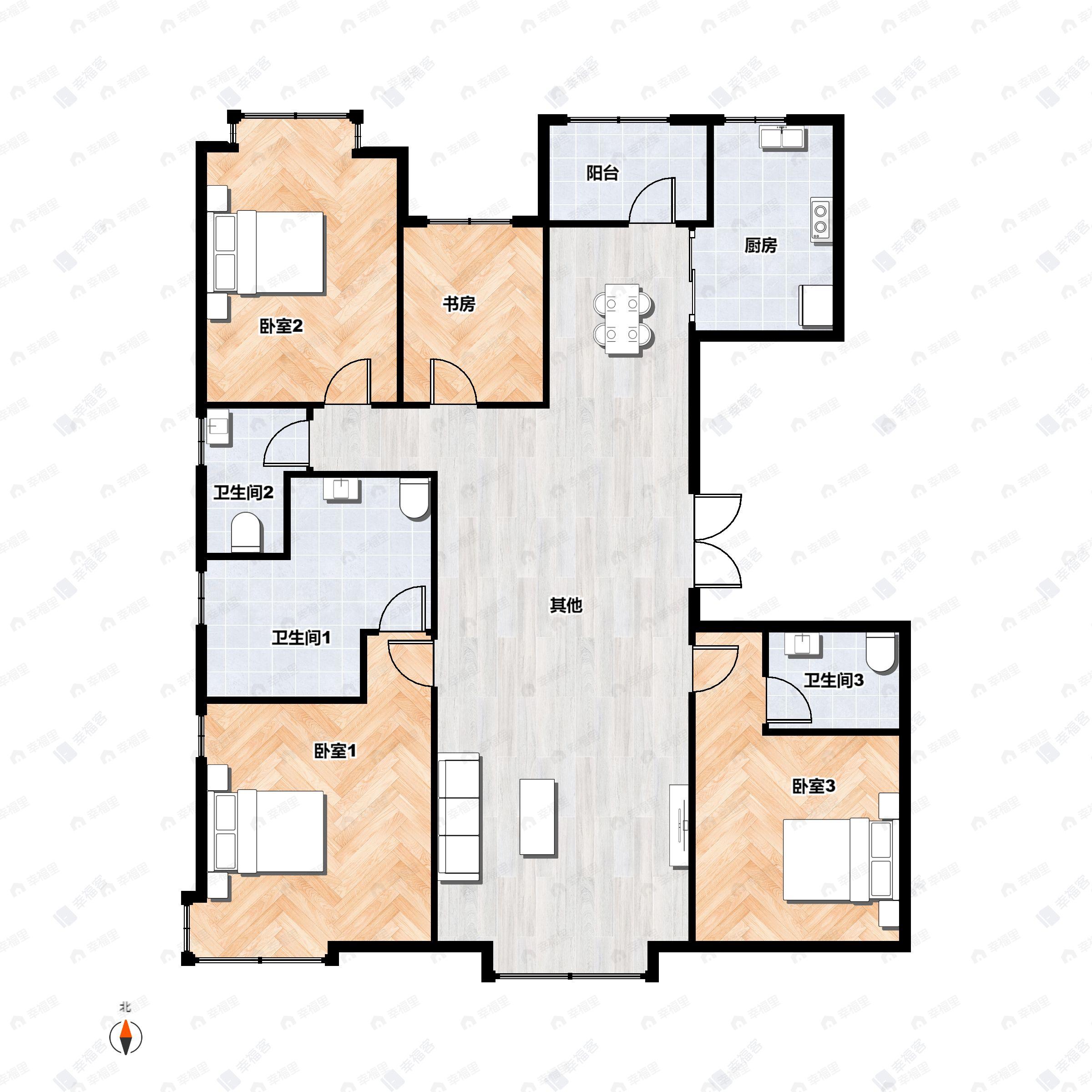 4室2厅3卫建面166平南|北户型图