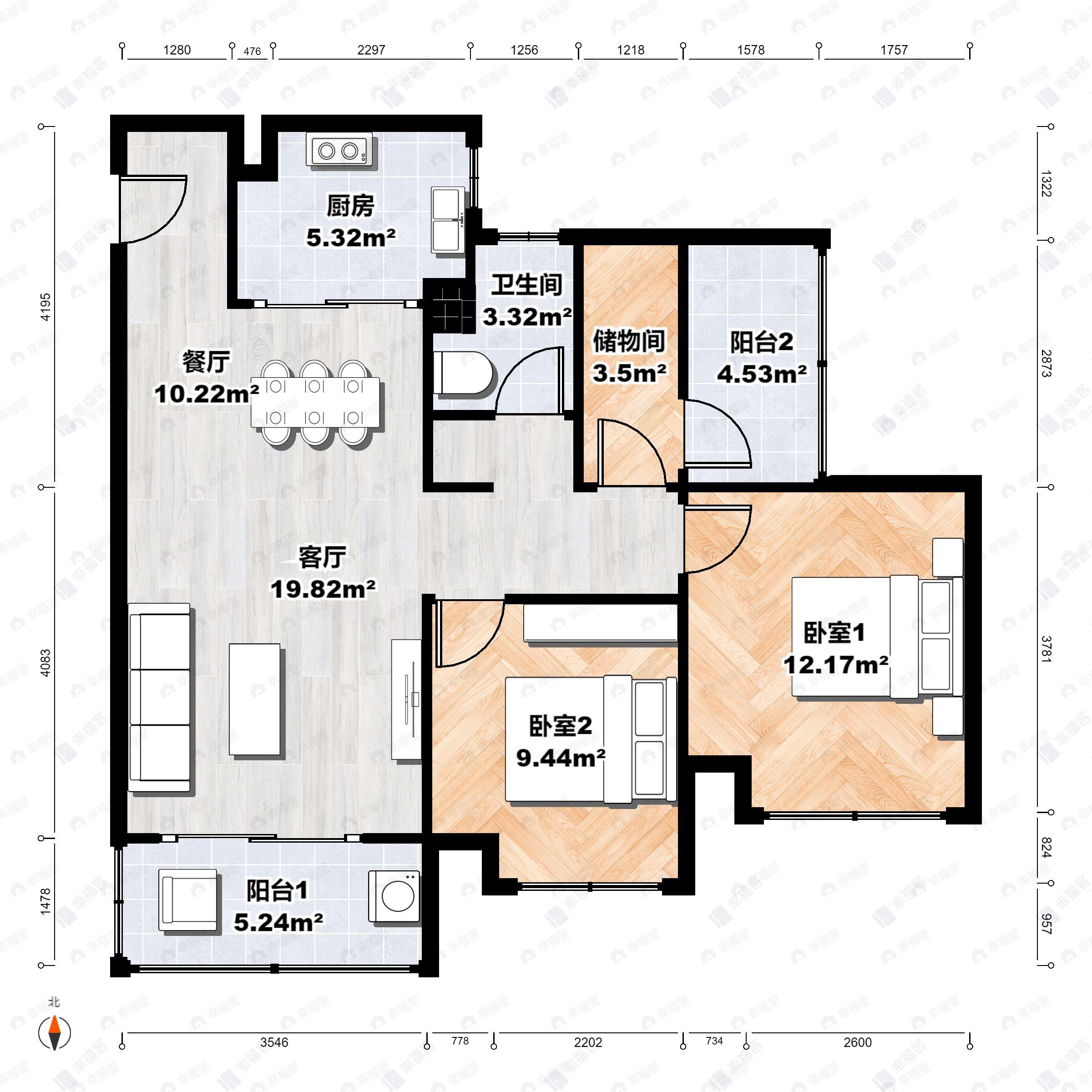 3室2厅1卫建面87平西南|南|东南户型图