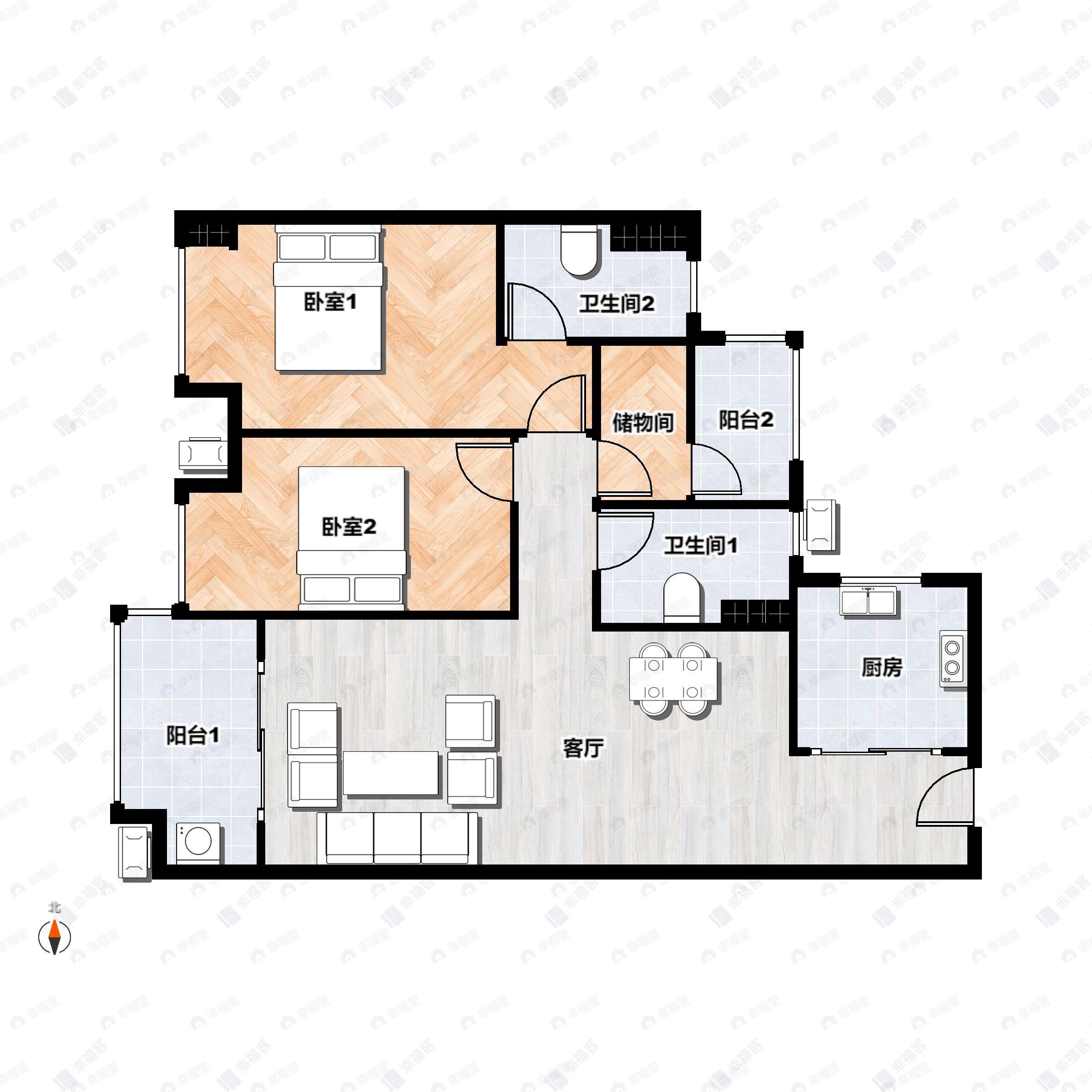 3室2厅2卫建面93平南户型图
