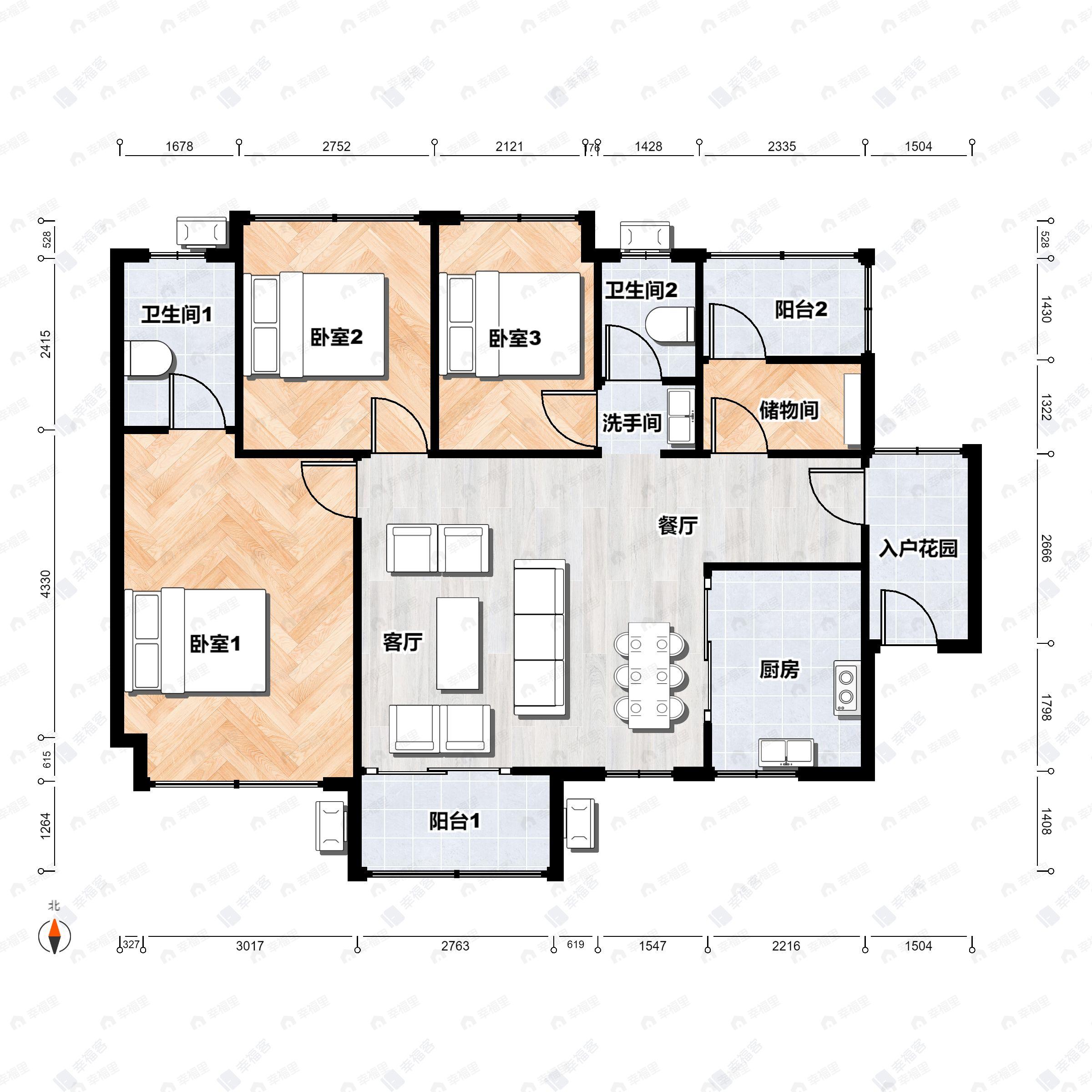 4室2厅2卫建面101平南户型图