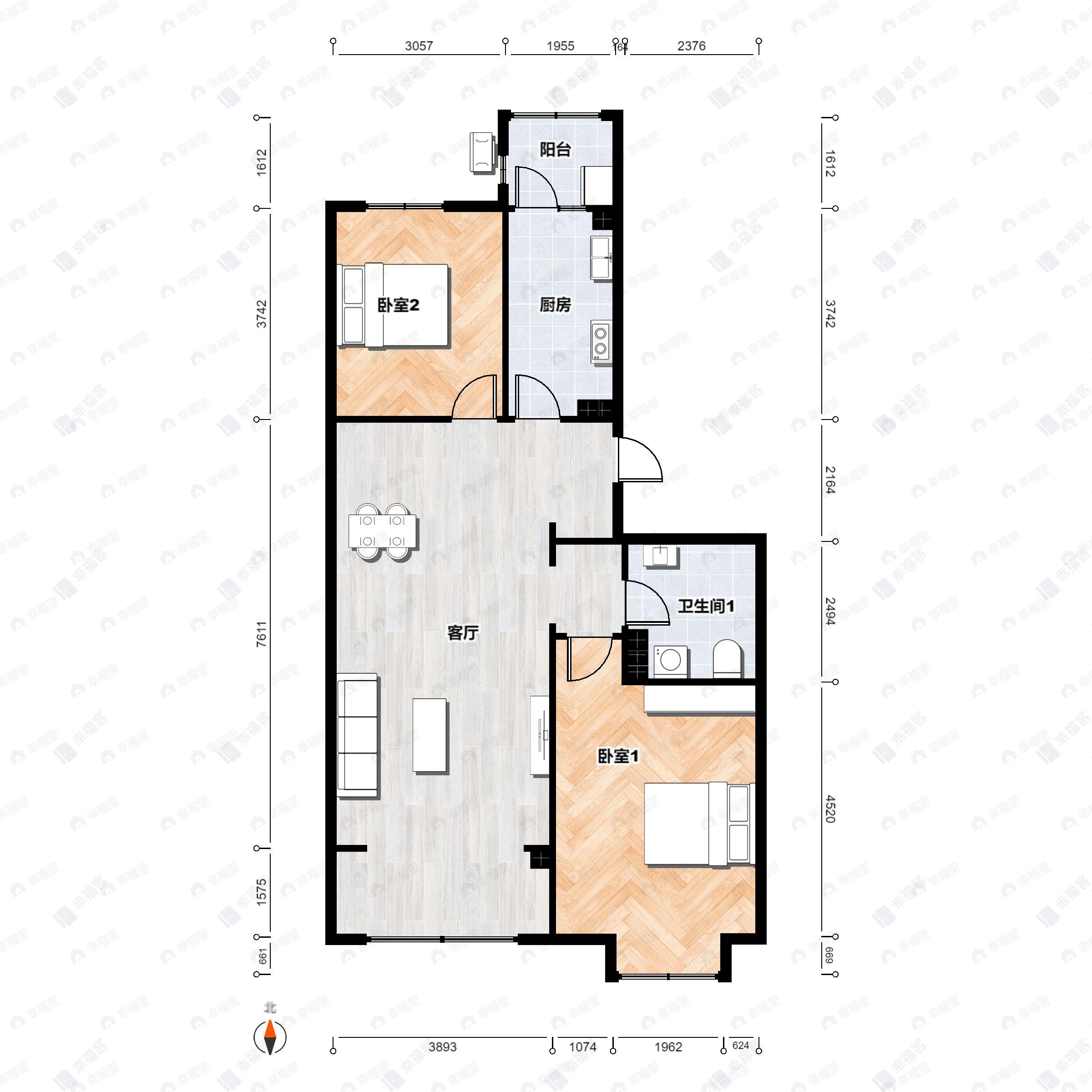 2室2厅1卫建面100平户型图