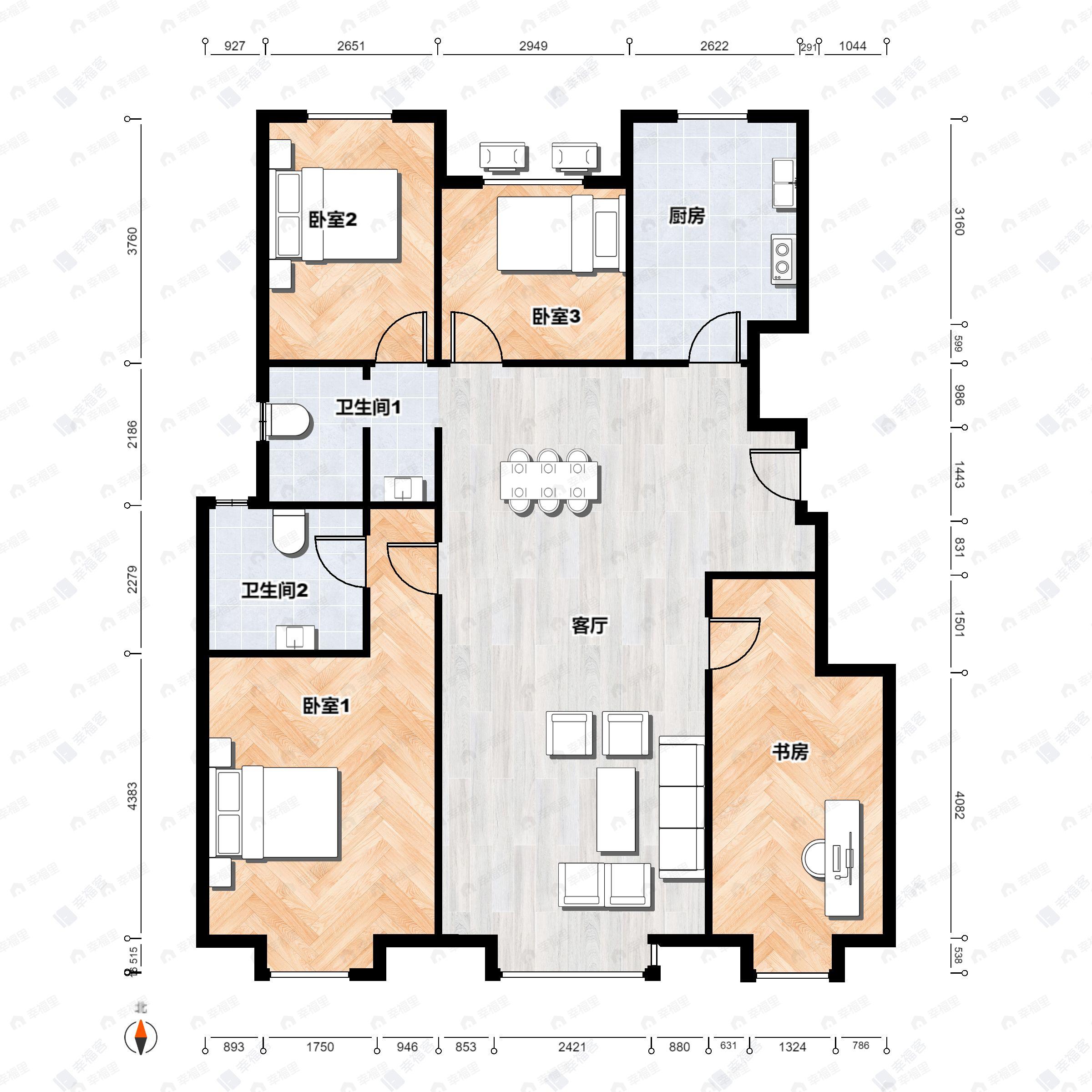 4室2厅2卫建面133平南|北户型图