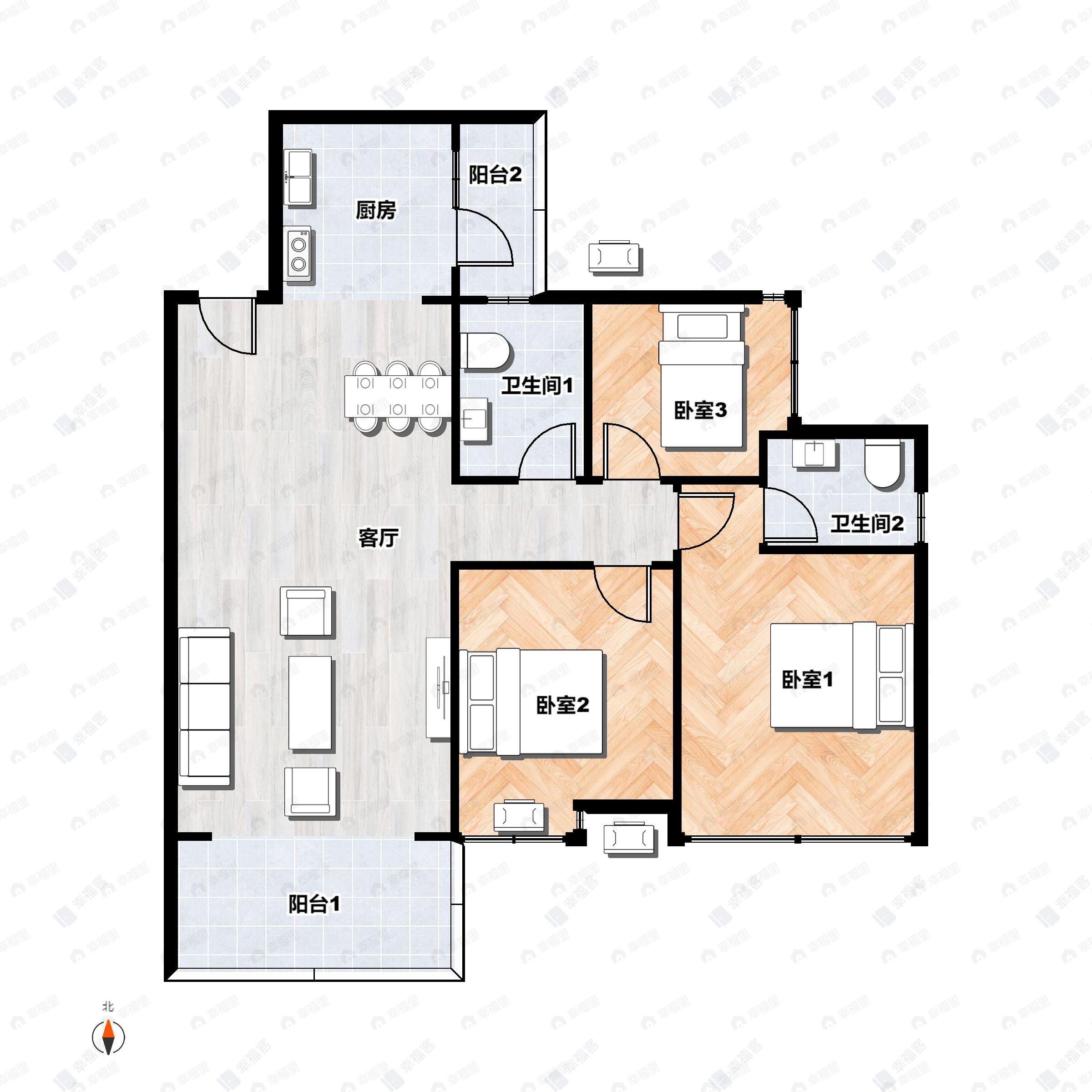 3室2厅2卫建面102平户型图