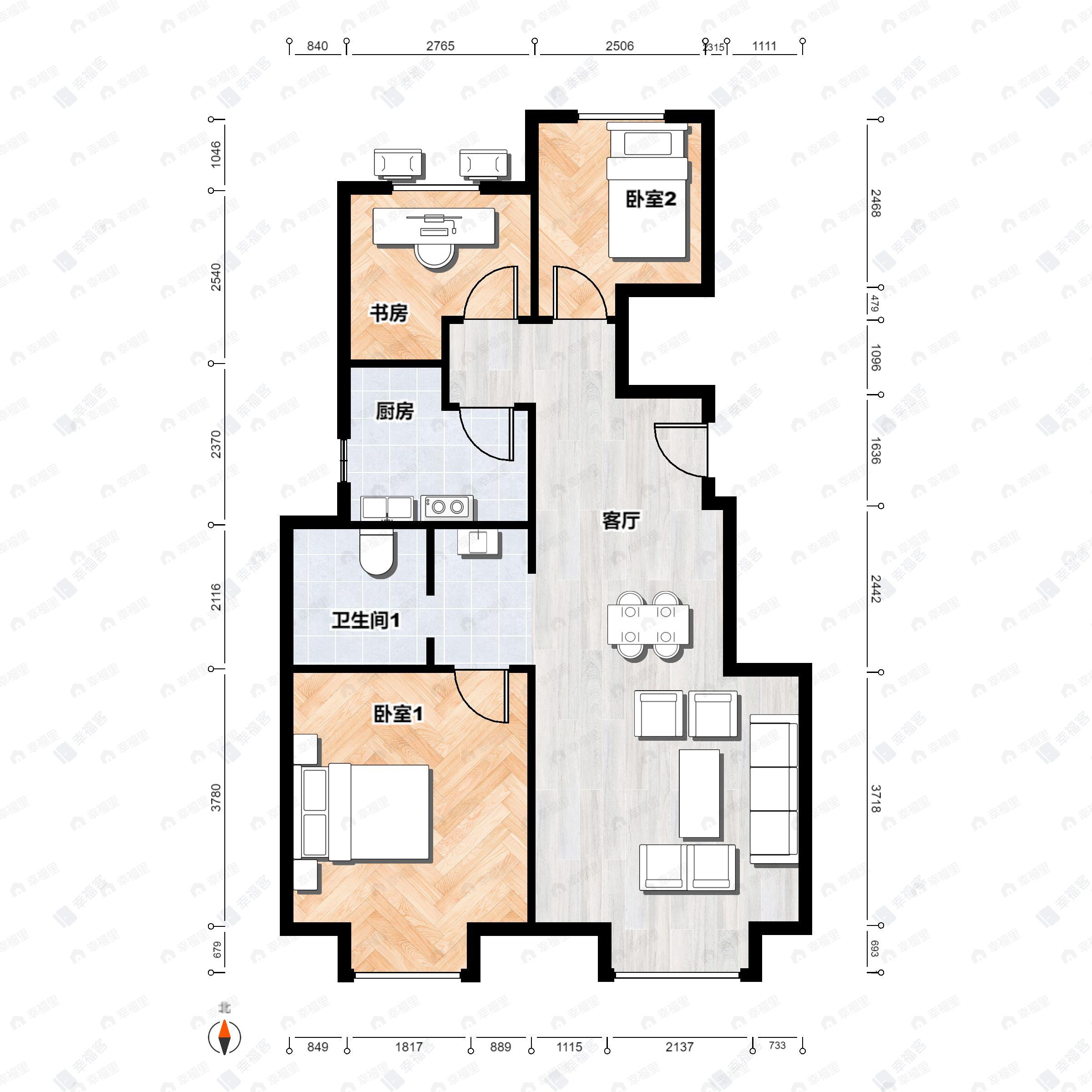 3室2厅1卫建面86平北|南户型图