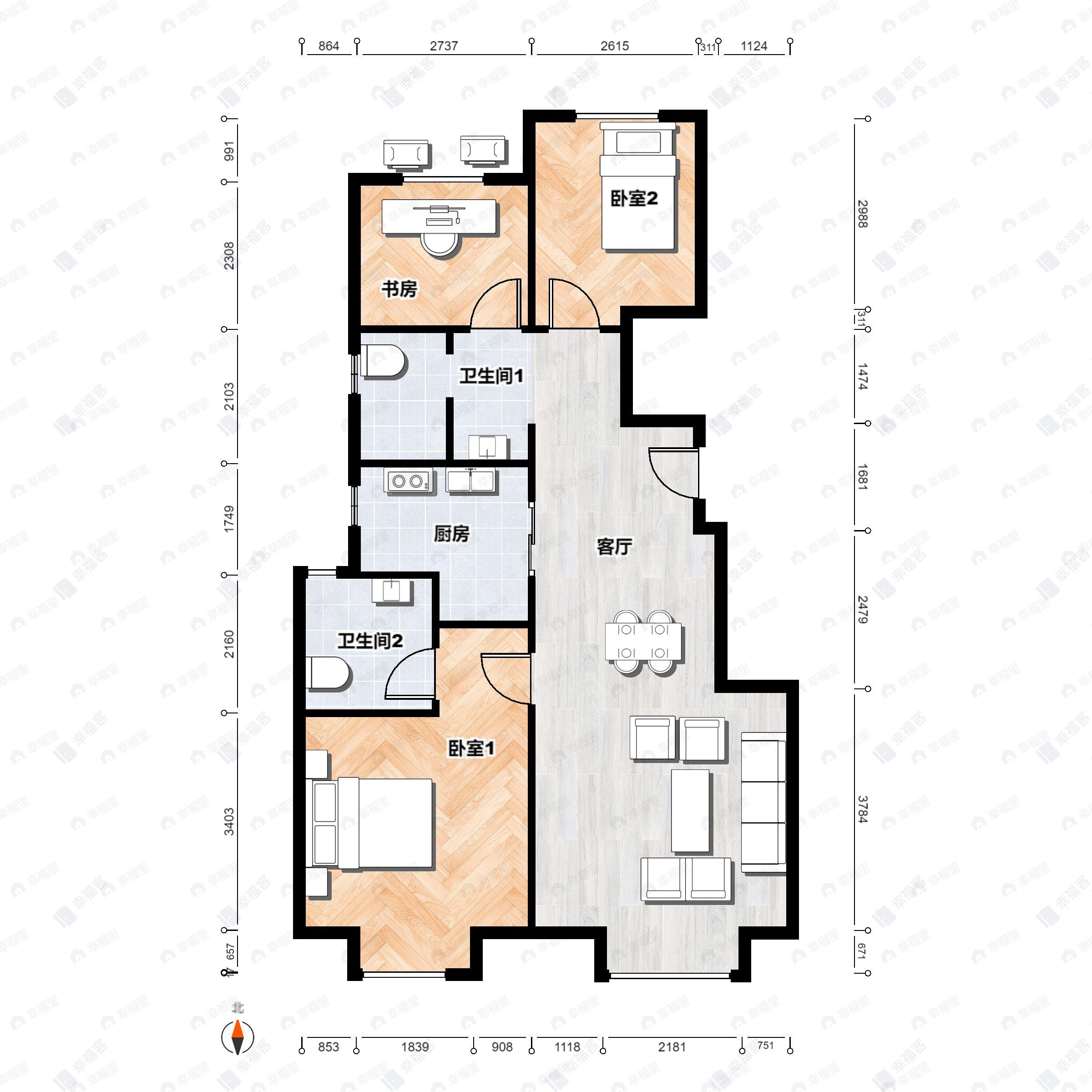 3室2厅2卫建面89平北|南户型图