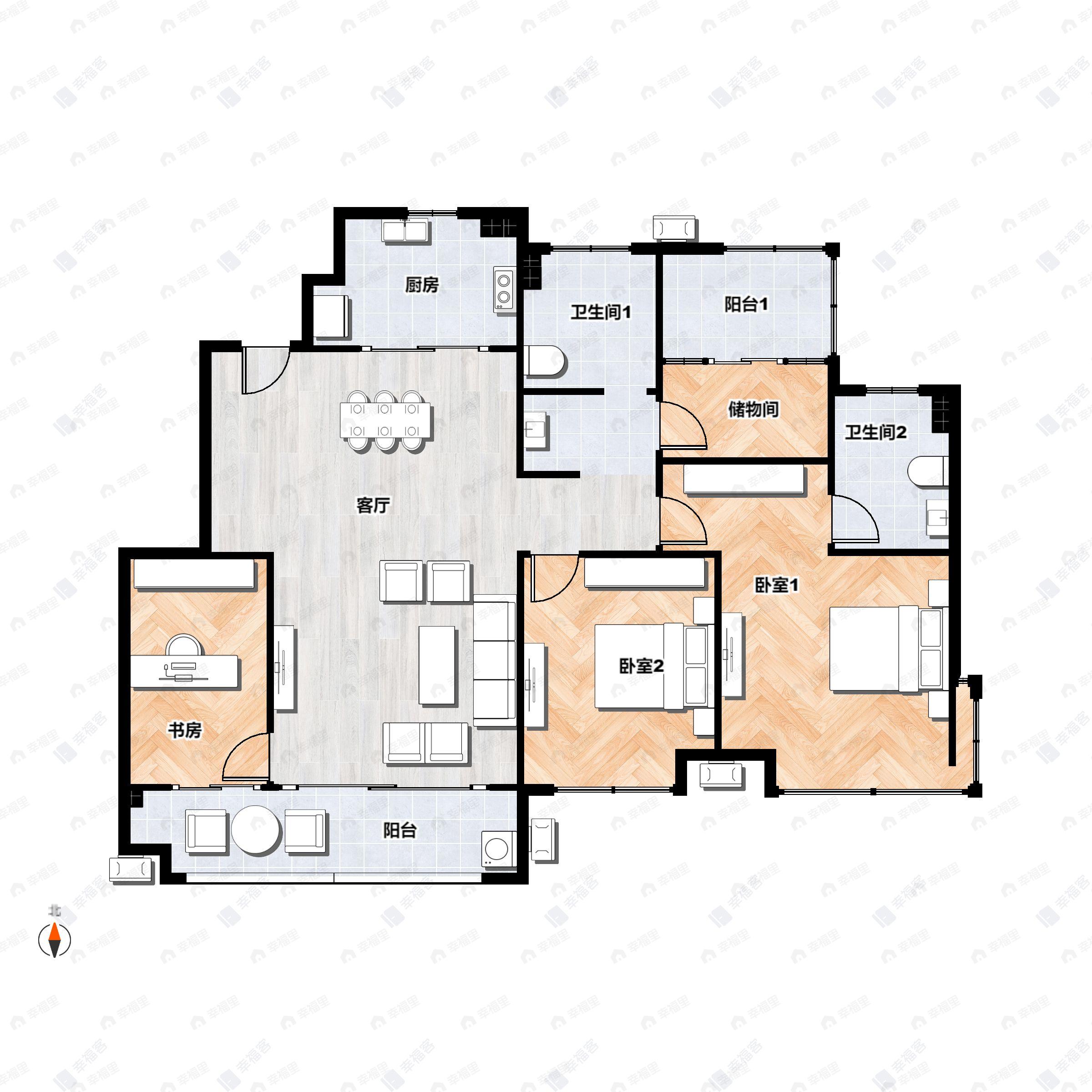 4室2厅2卫建面135平南户型图