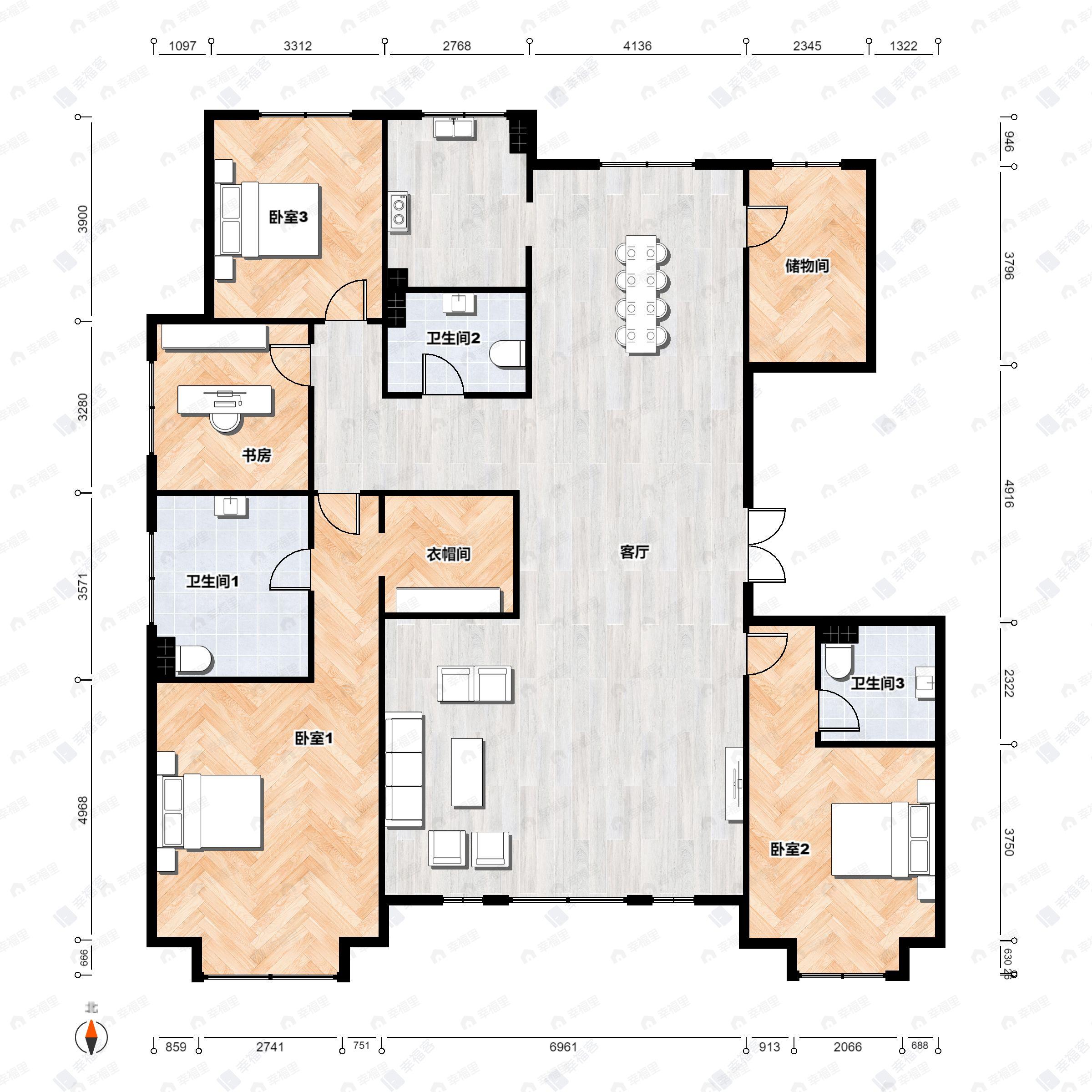 4室2厅3卫建面228平南|北户型图