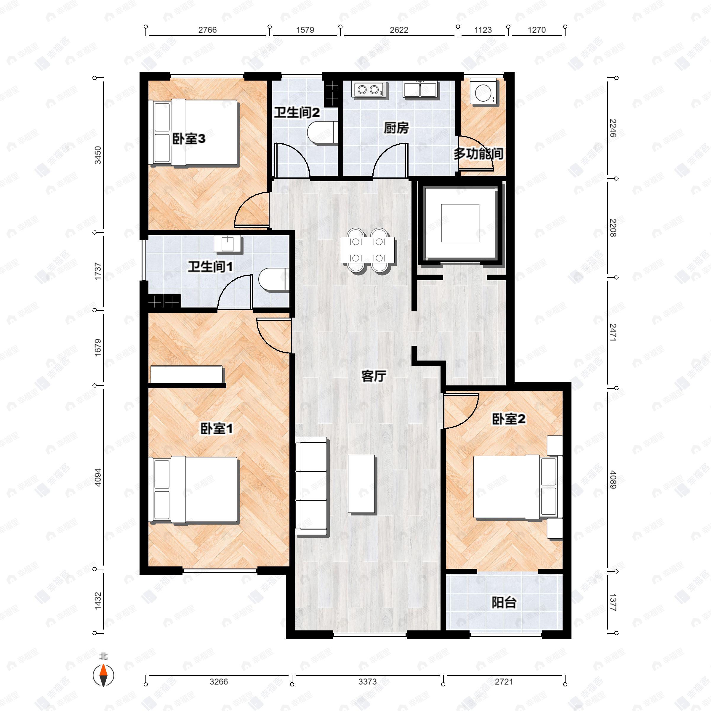 3室2厅2卫建面115平北|南户型图