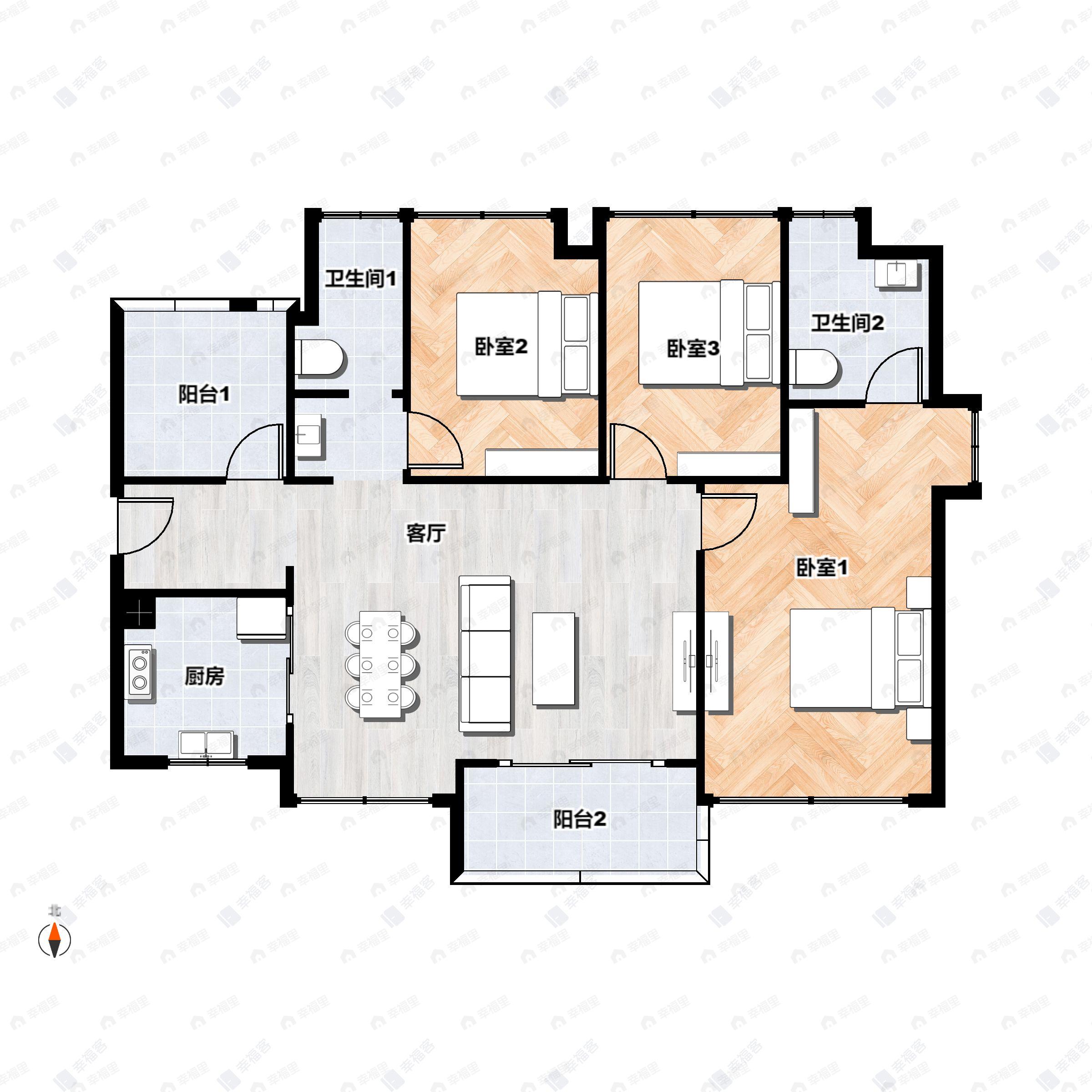 3室2厅2卫建面105平南户型图