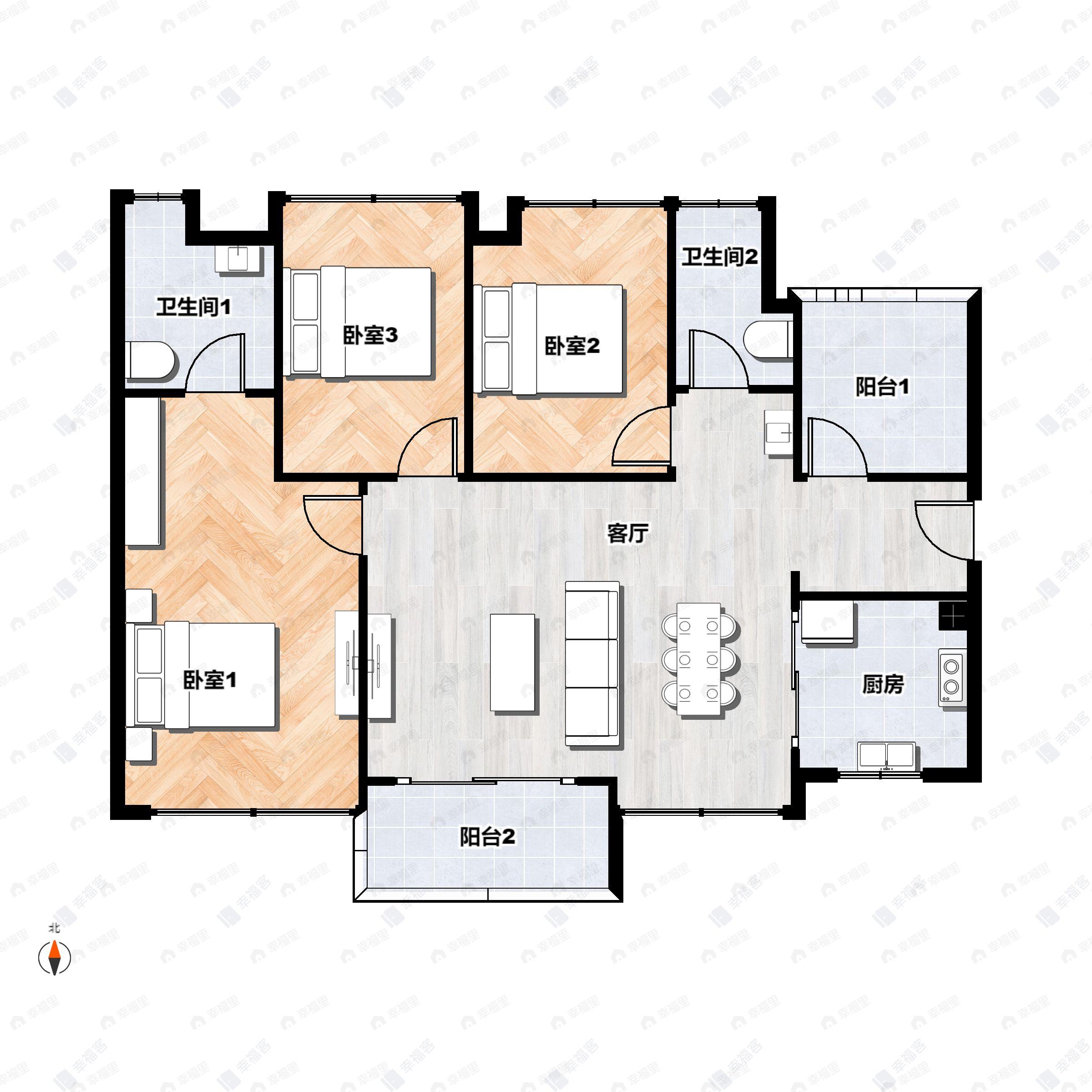 3室2厅2卫建面105平户型图
