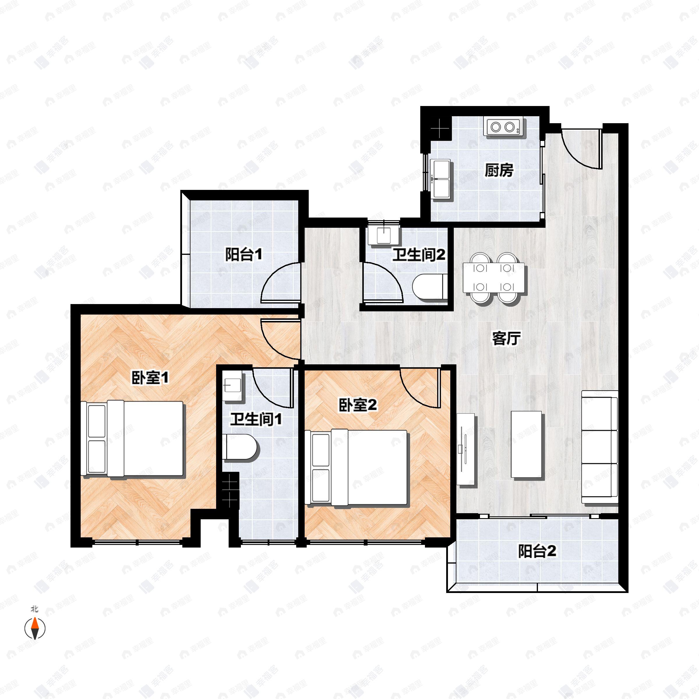 2室2厅2卫建面85m²南户型图