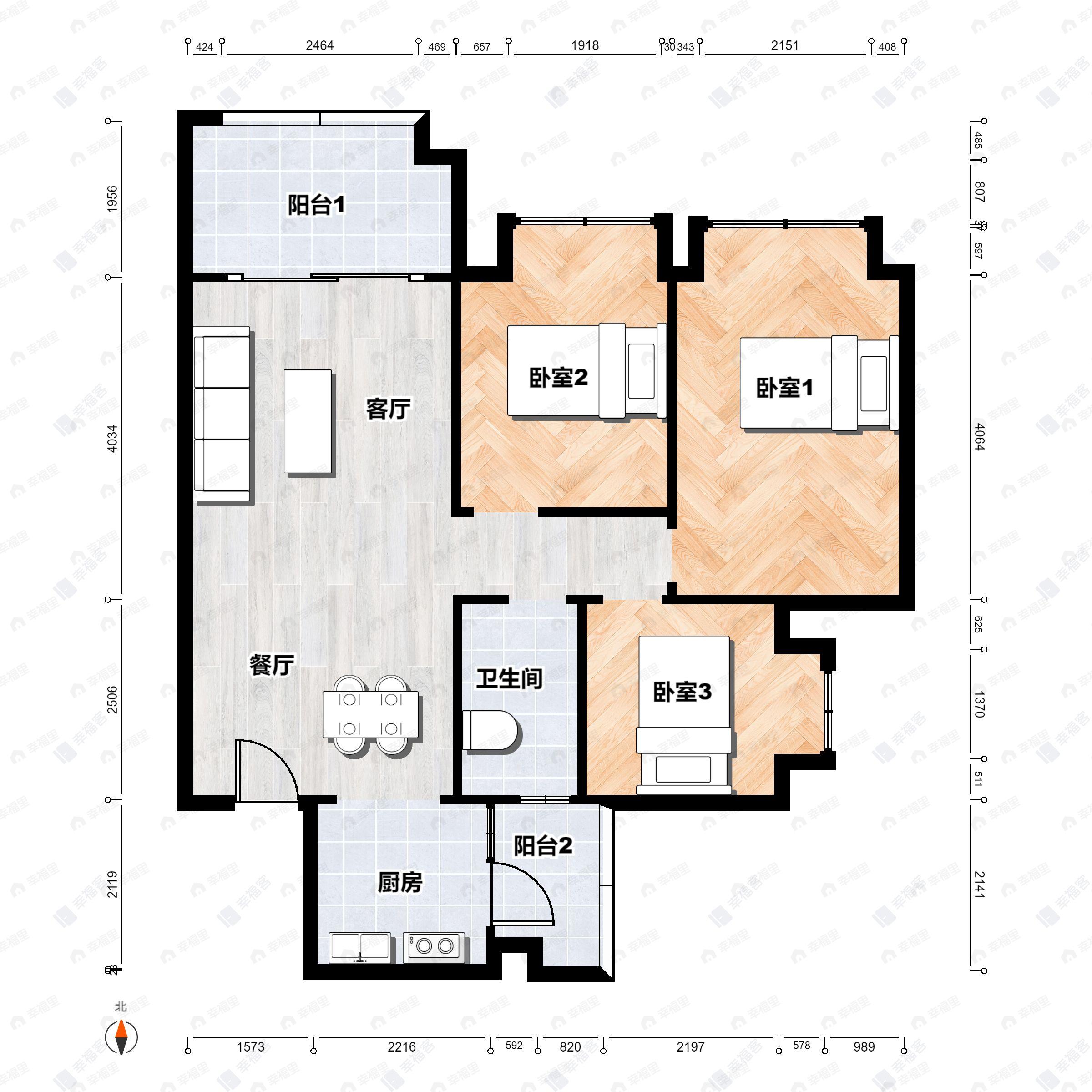 3室2厅1卫建面86平北户型图