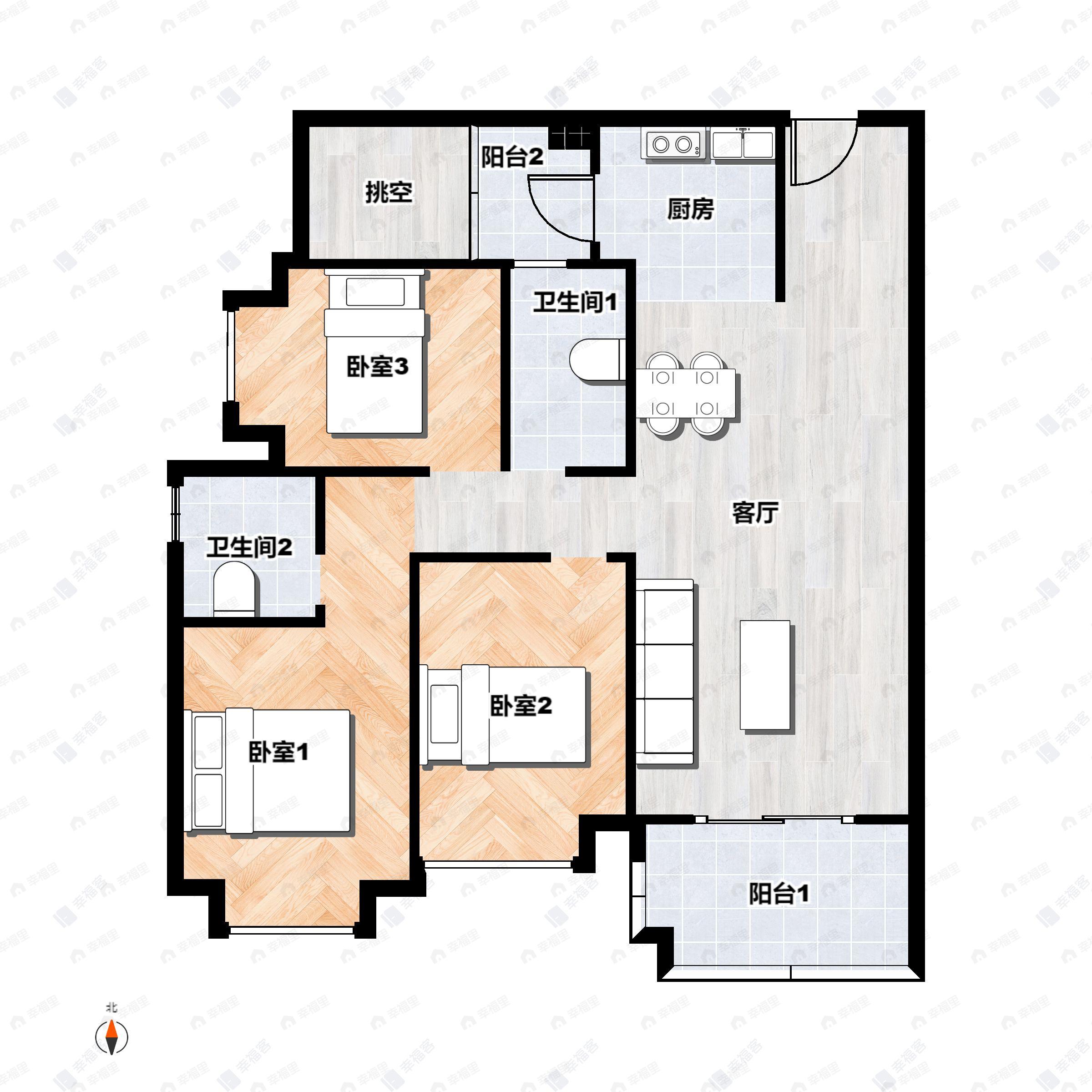 3室2厅2卫建面97平南户型图