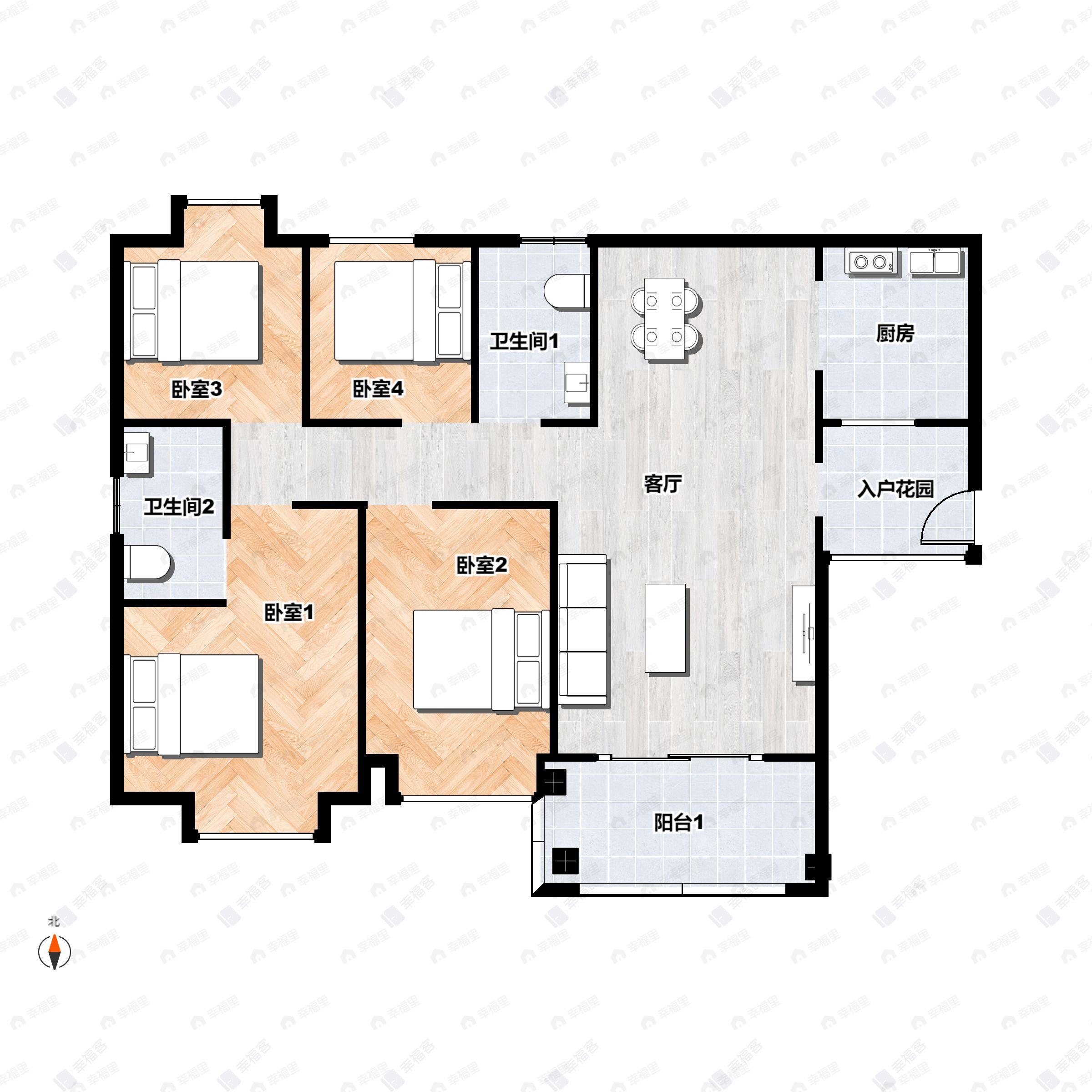 4室2厅2卫建面119平南|北户型图