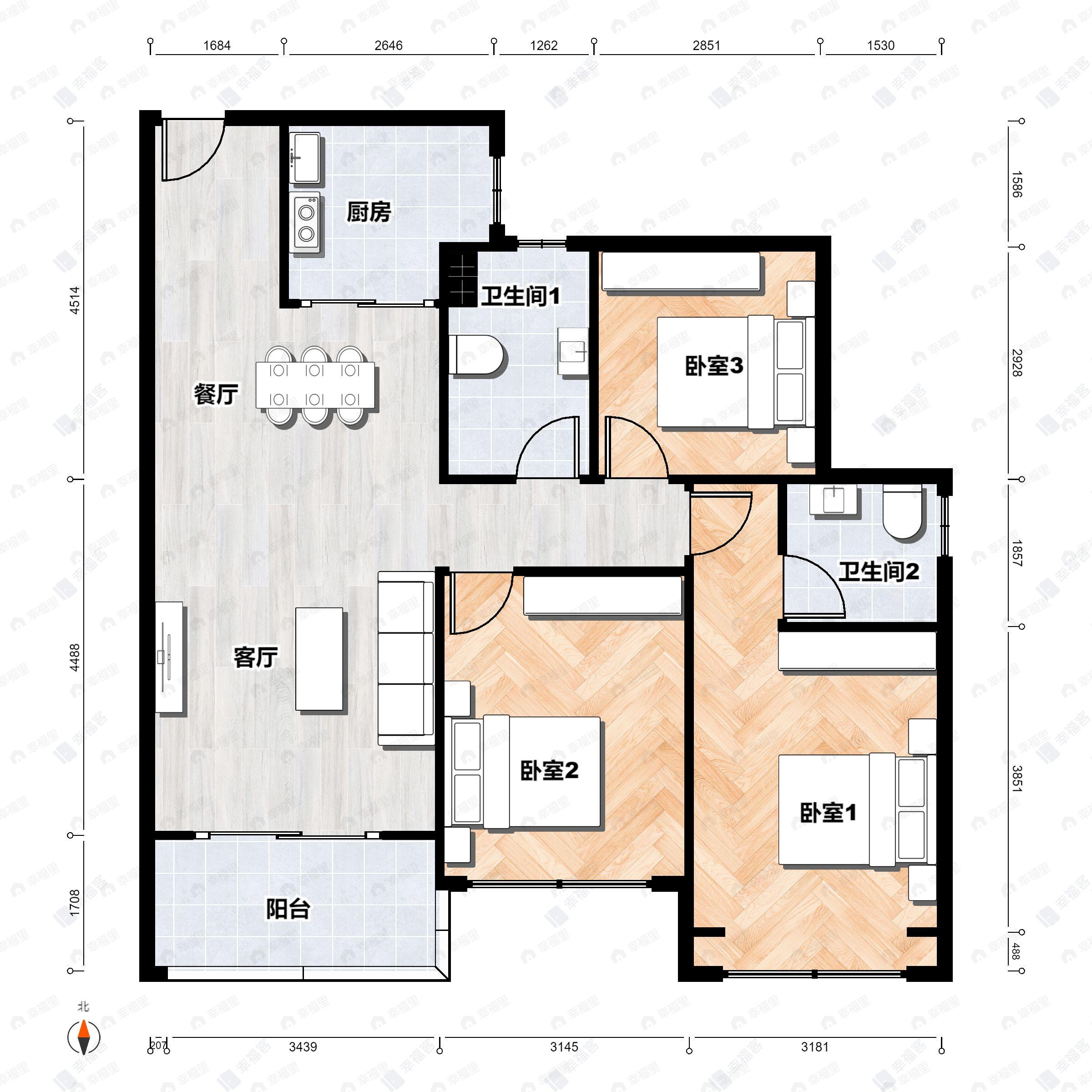领南星河荣誉3室2厅2卫户型图