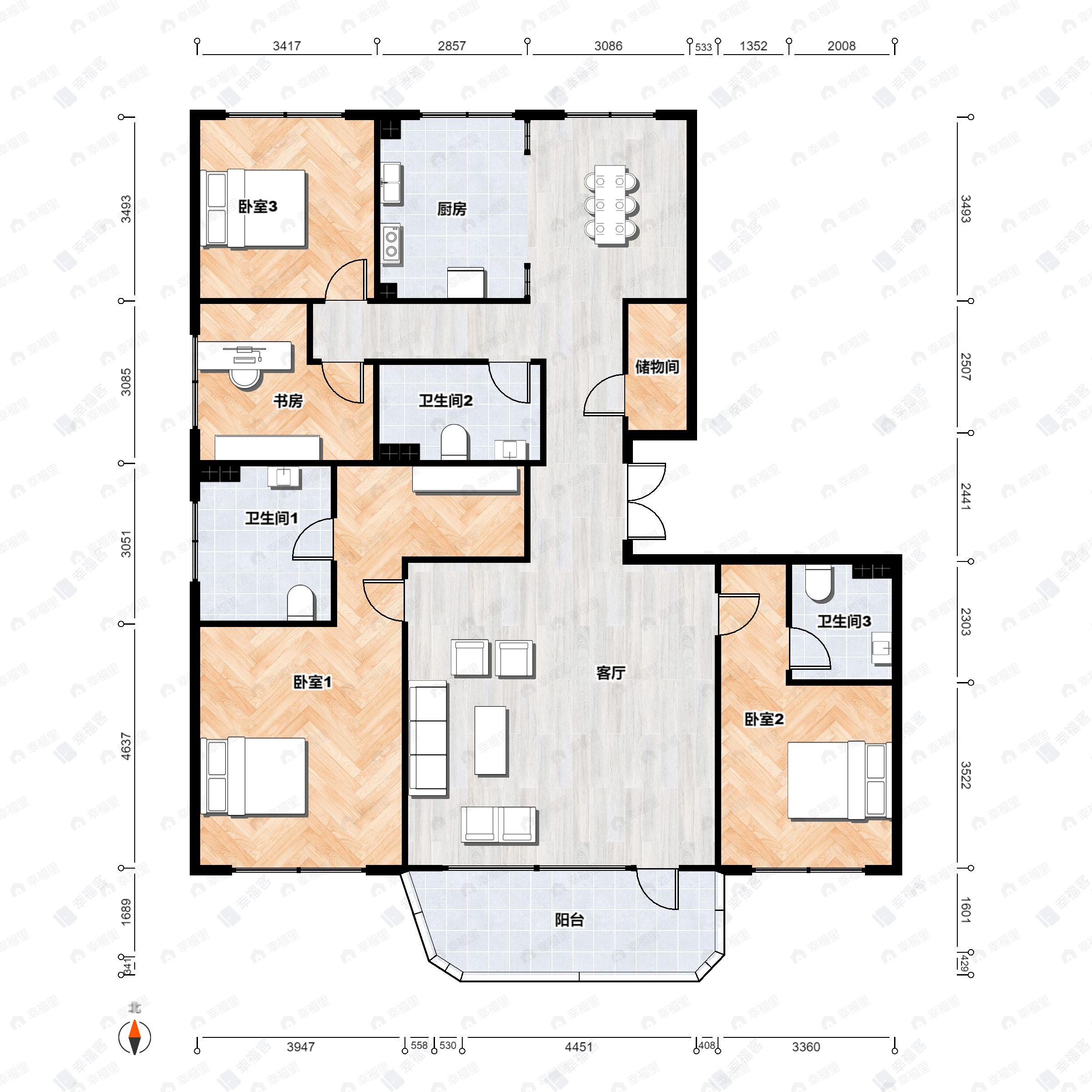4室2厅3卫建面198平户型图