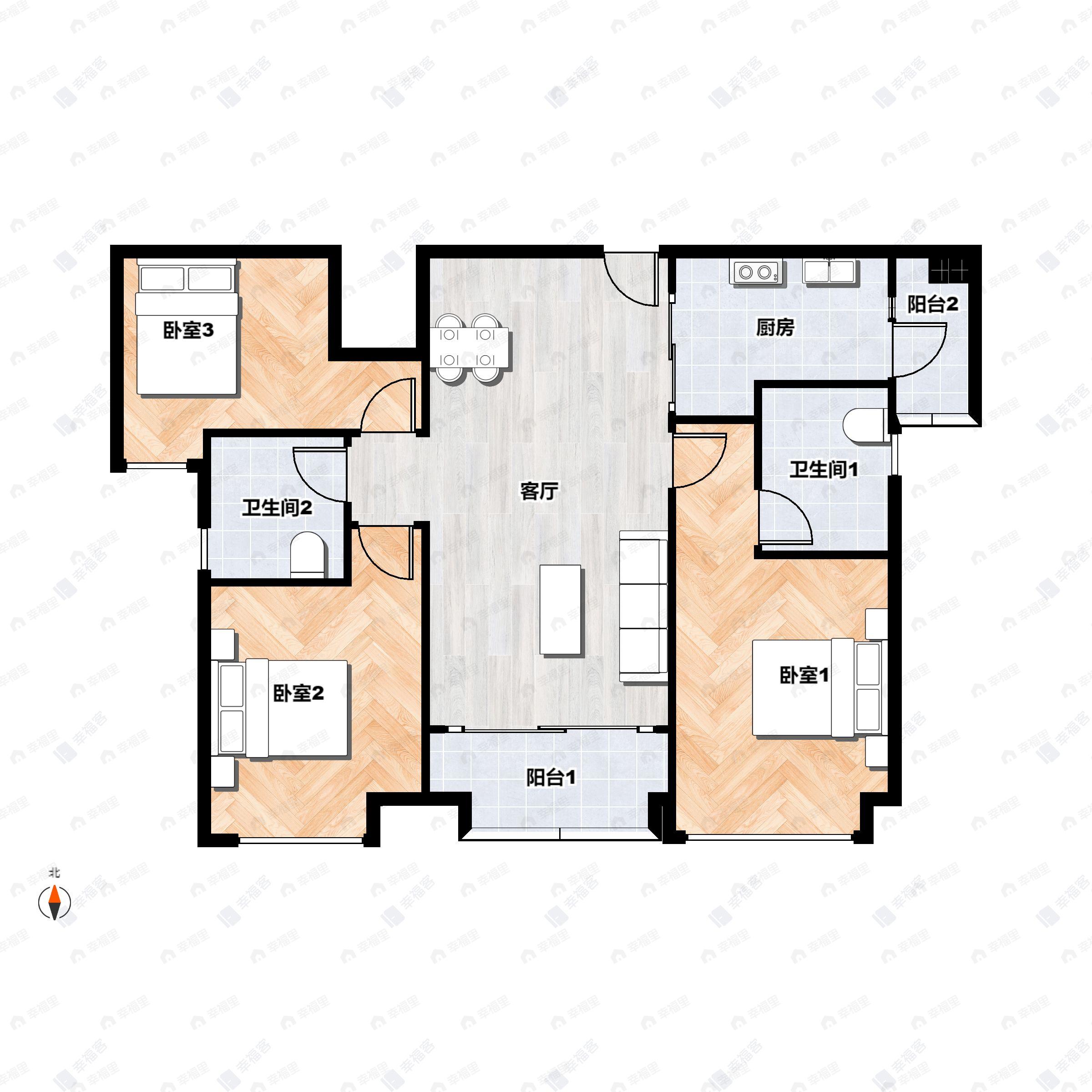 3室2厅2卫建面102平南户型图