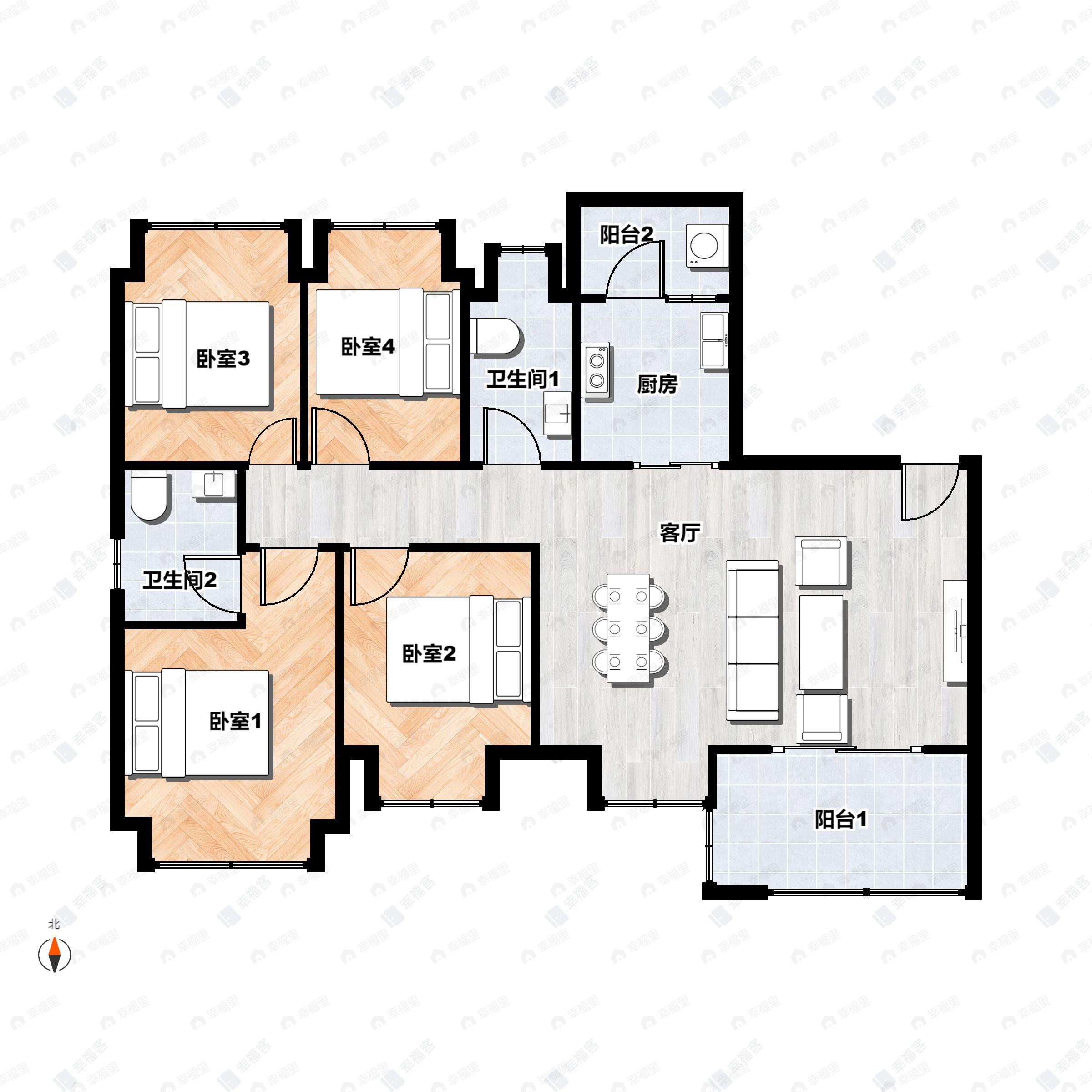 4室2厅2卫建面125平南|北户型图