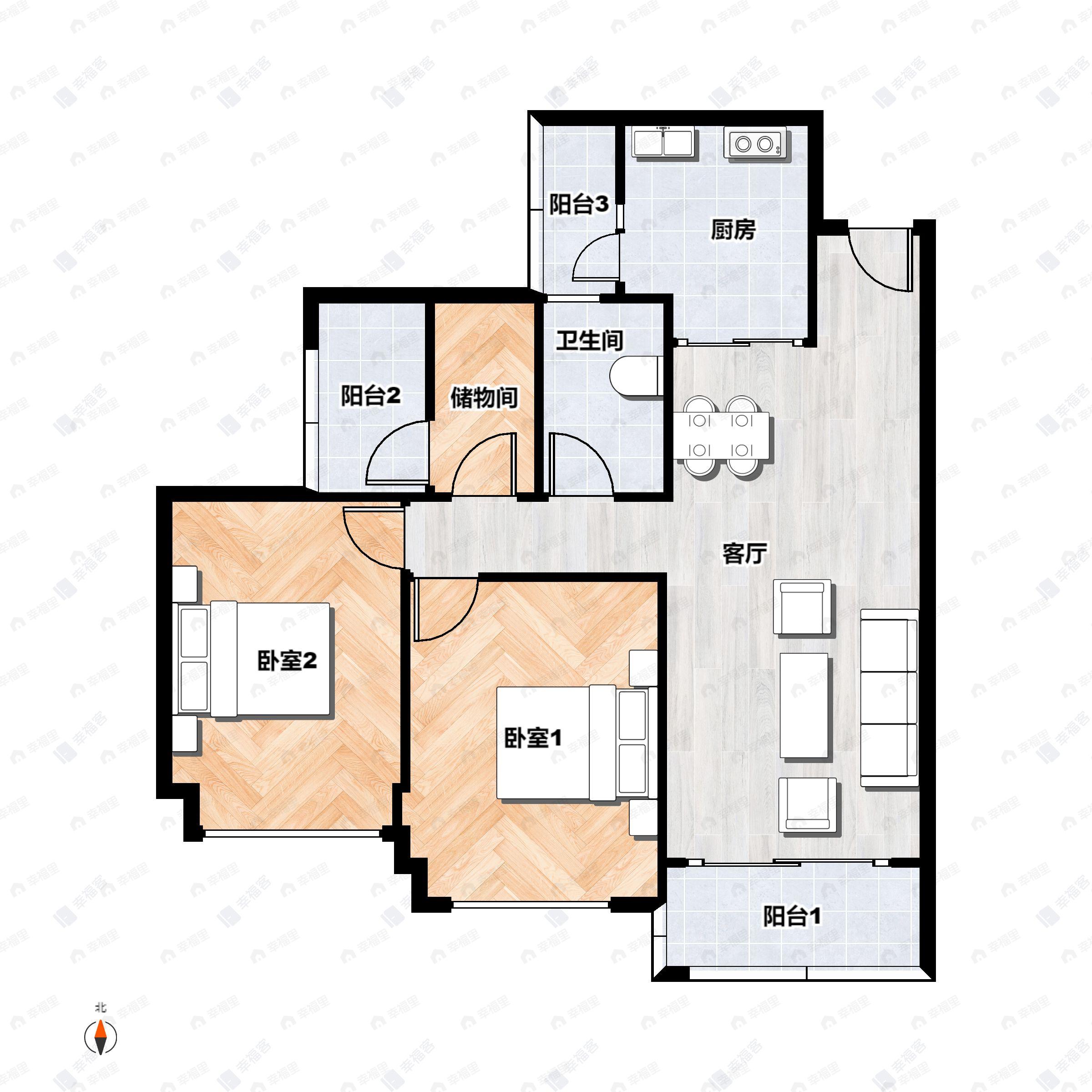 2室2厅1卫建面84m²西南户型图