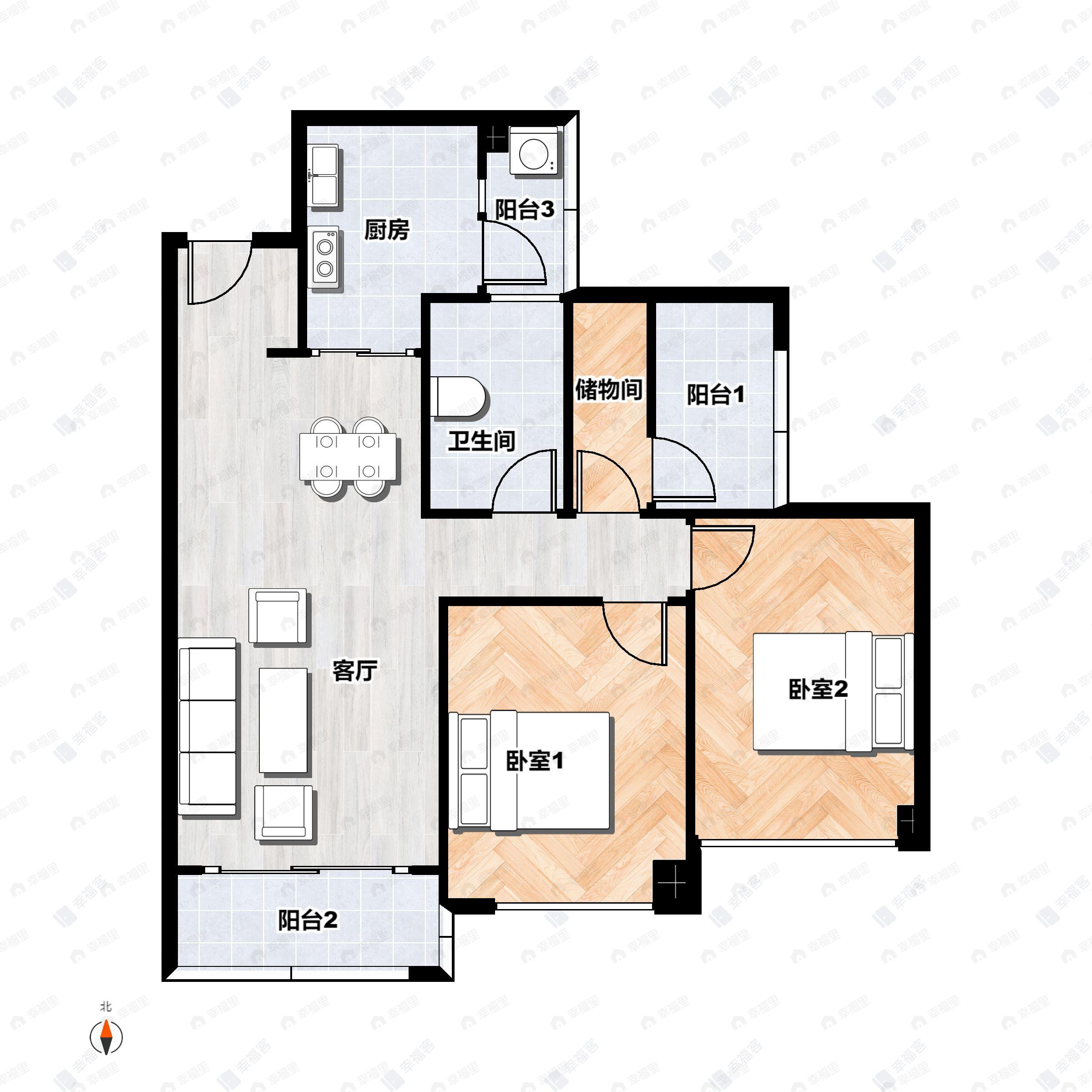 2室2厅1卫建面84平西南户型图