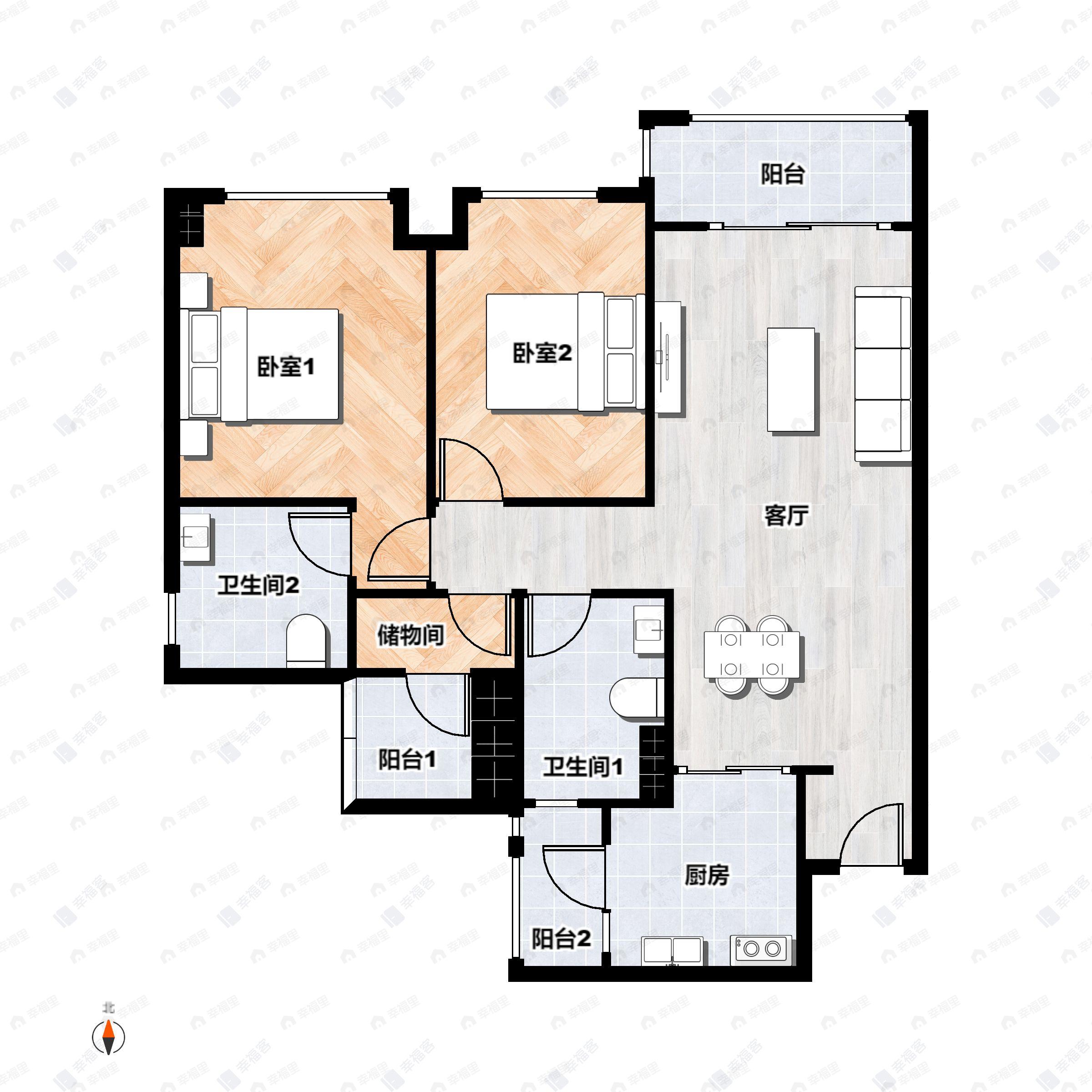 2室2厅2卫建面92m²北户型图