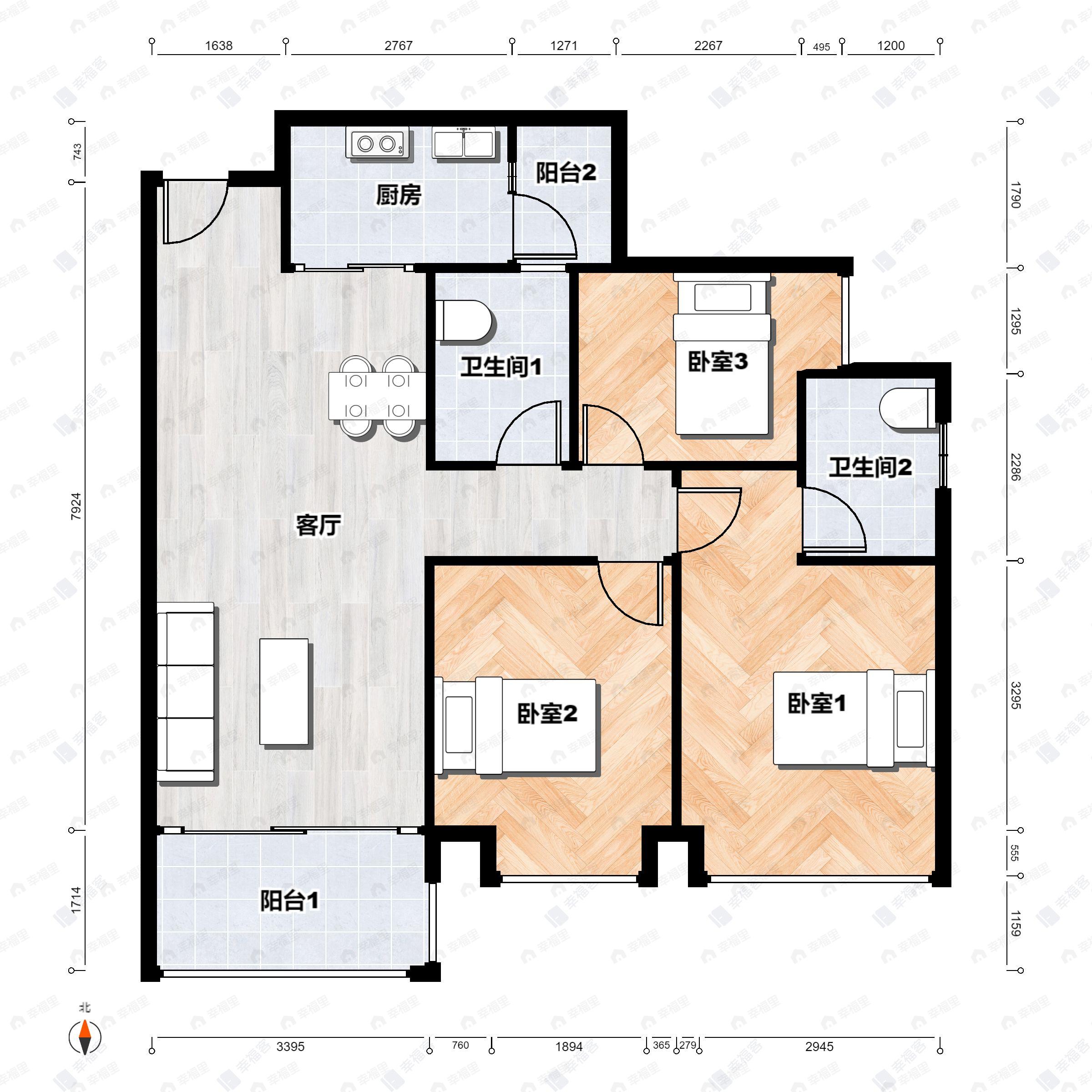 3室2厅2卫建面99平南户型图