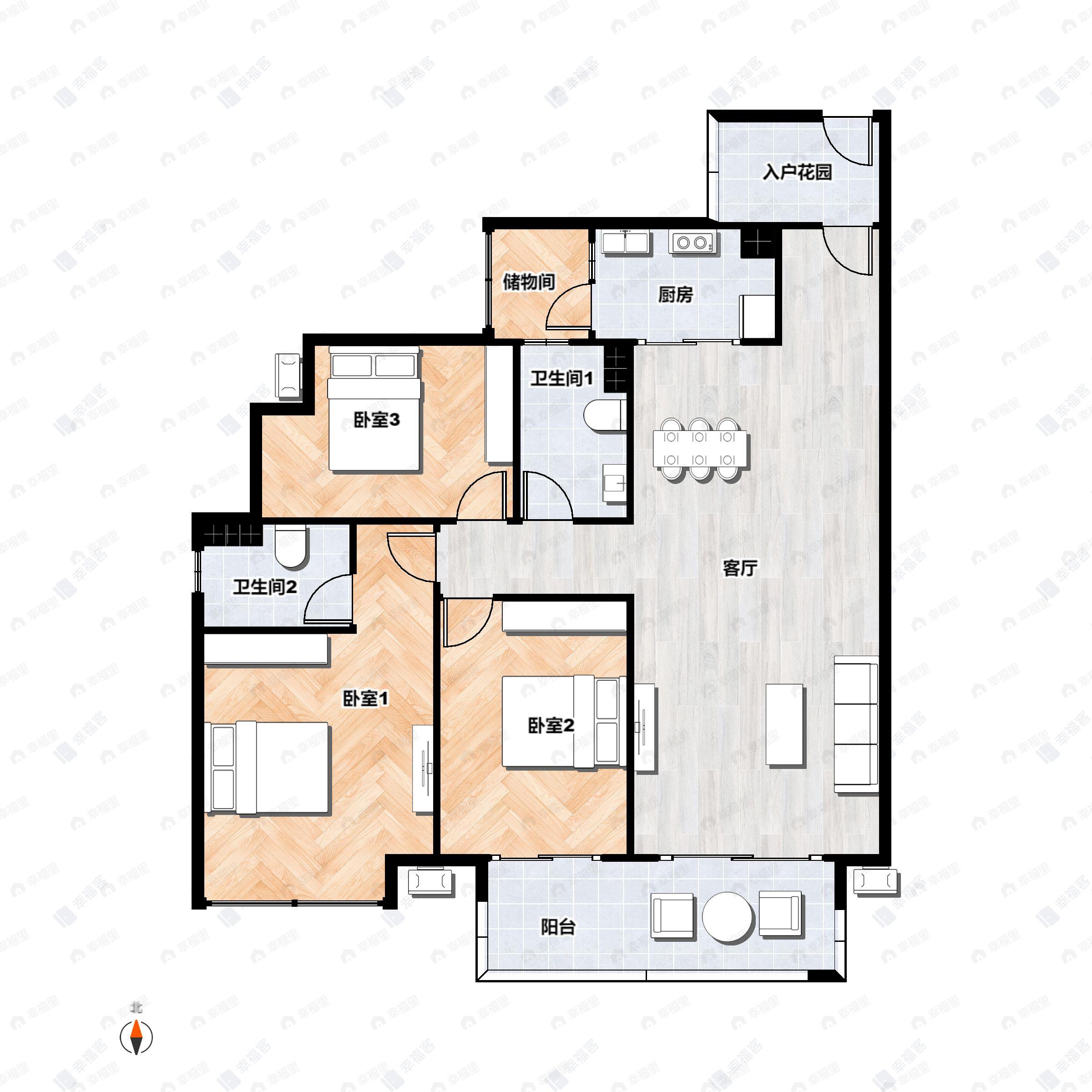 3室2厅2卫建面130平南户型图