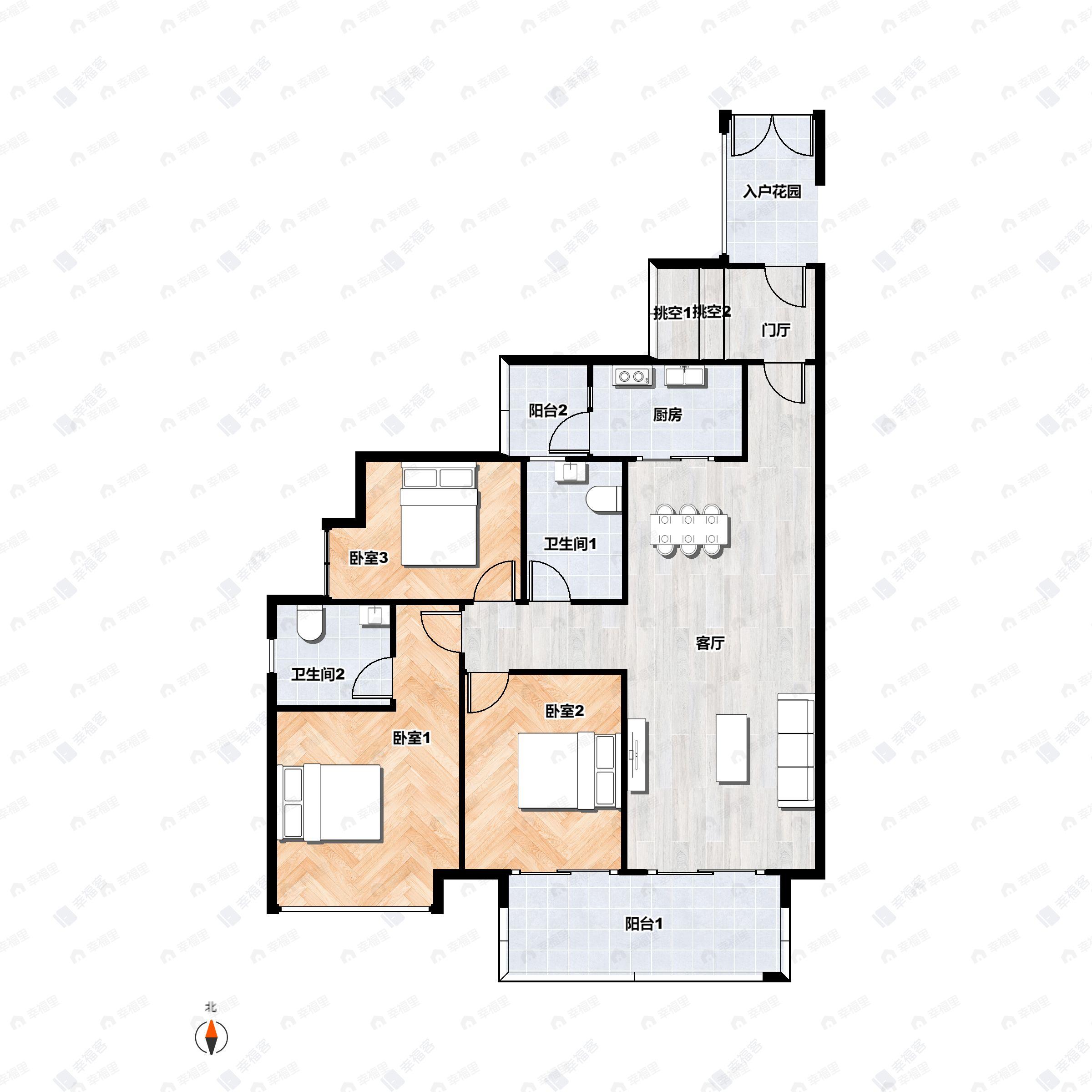 3室2厅2卫建面128平南户型图