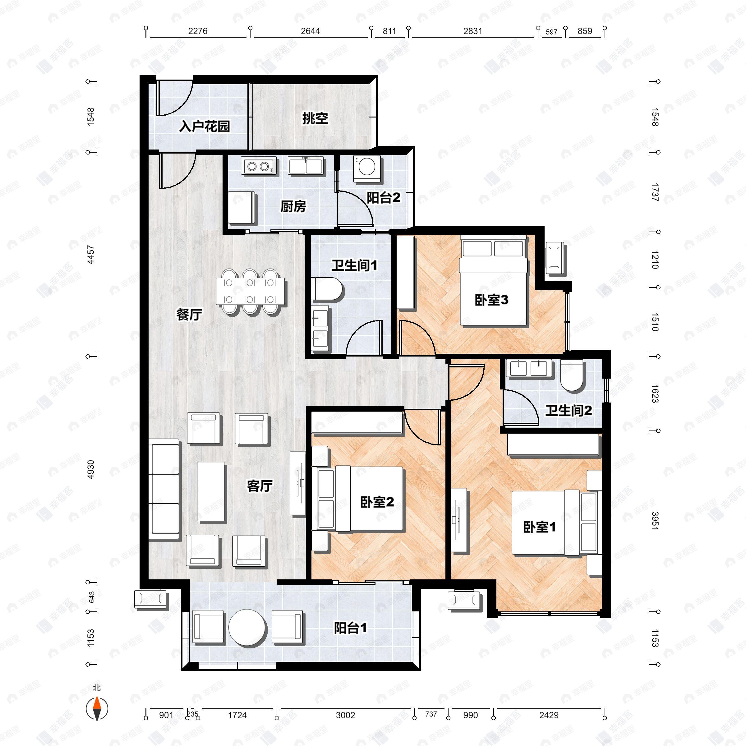 3室2厅2卫建面129平南户型图