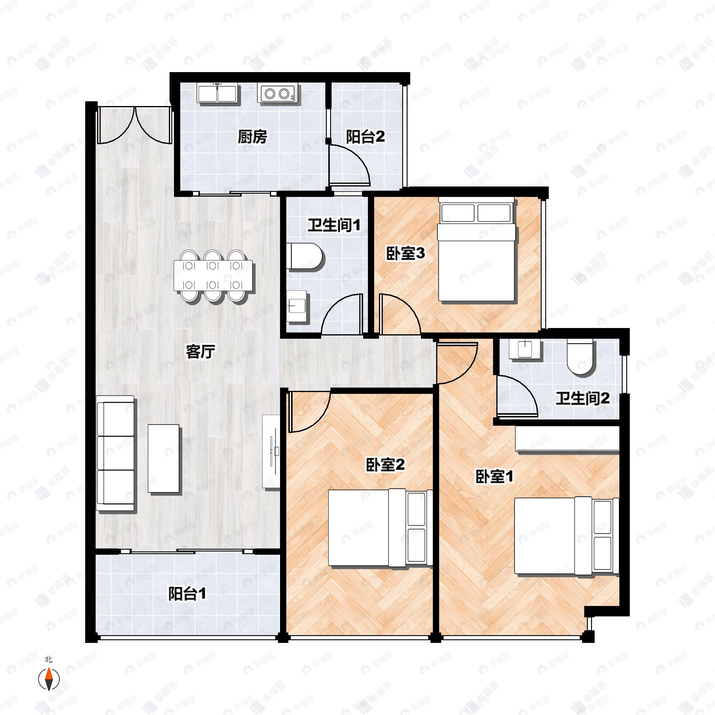 3室2厅2卫建面110平户型图