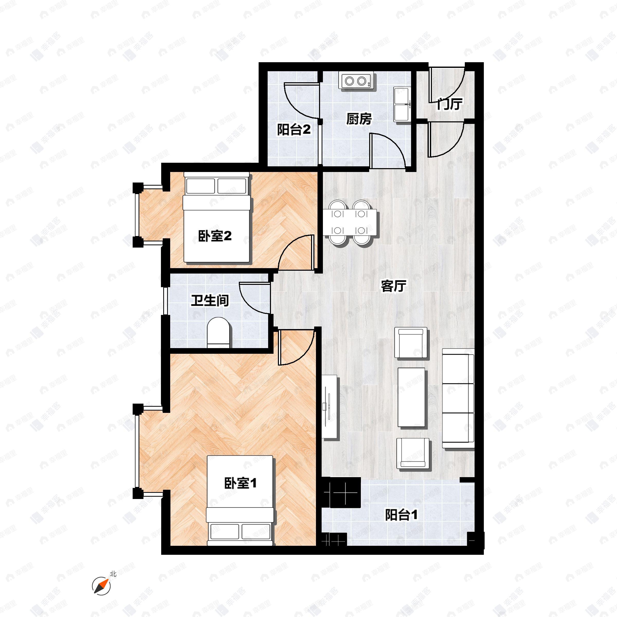 2室2厅1卫建面81平南户型图