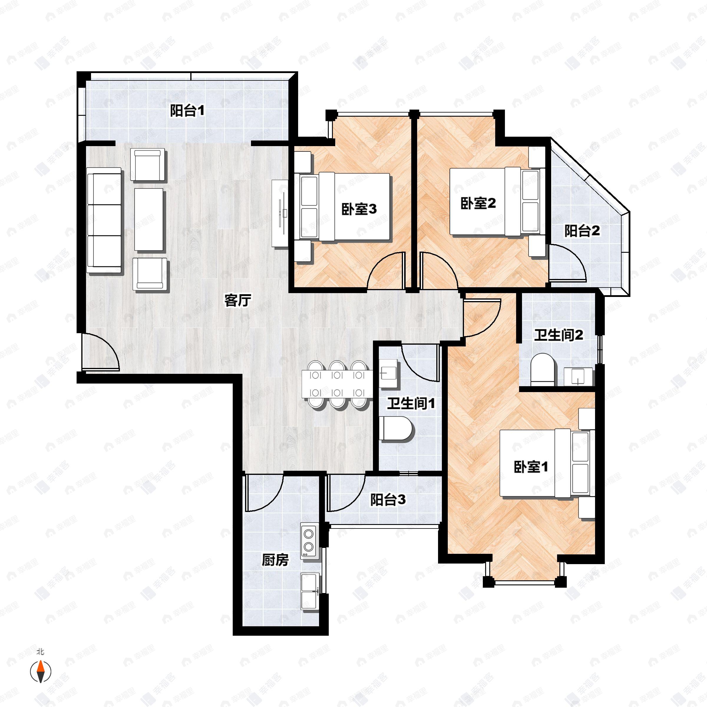 3室2厅2卫建面116平南户型图