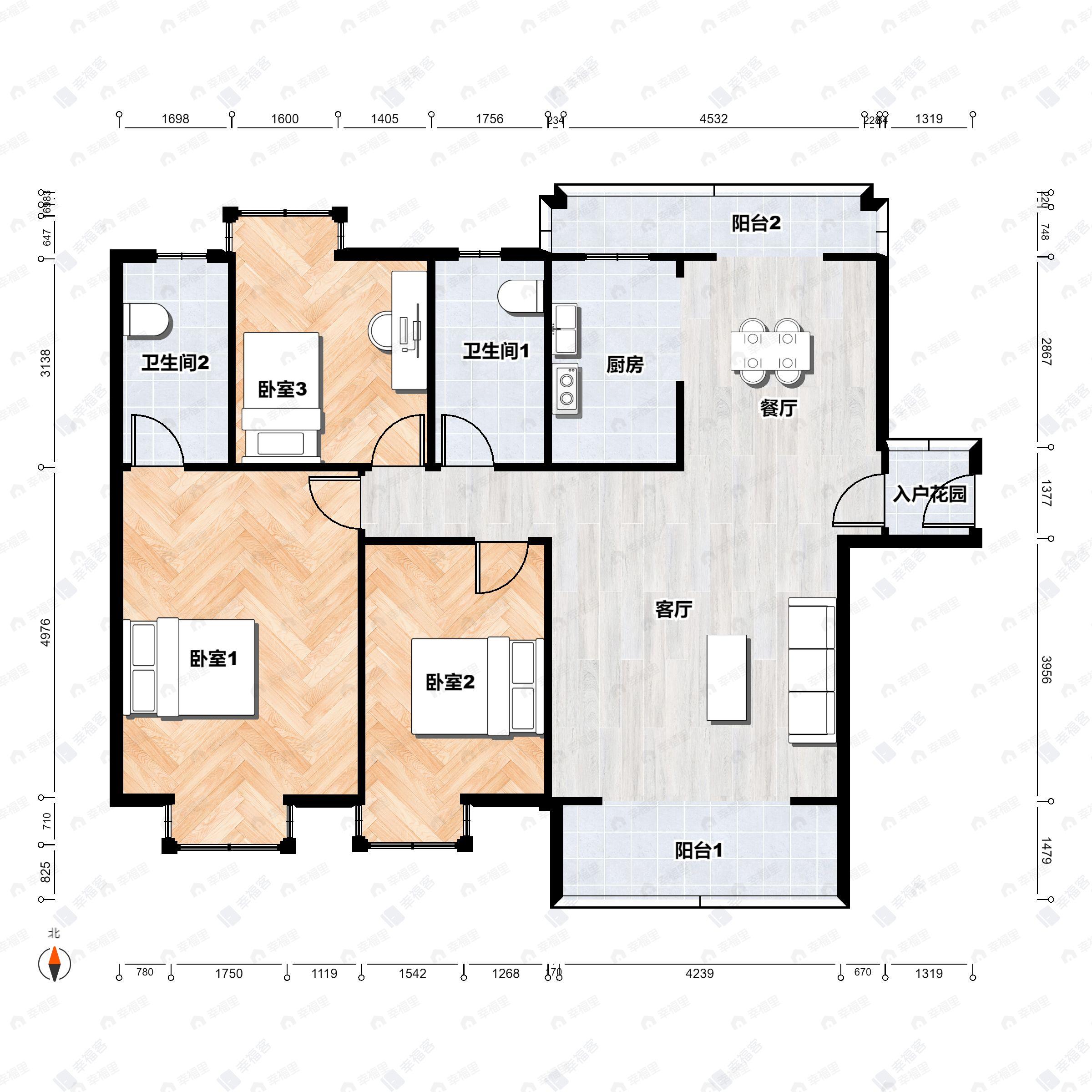 3室2厅2卫建面122平南户型图