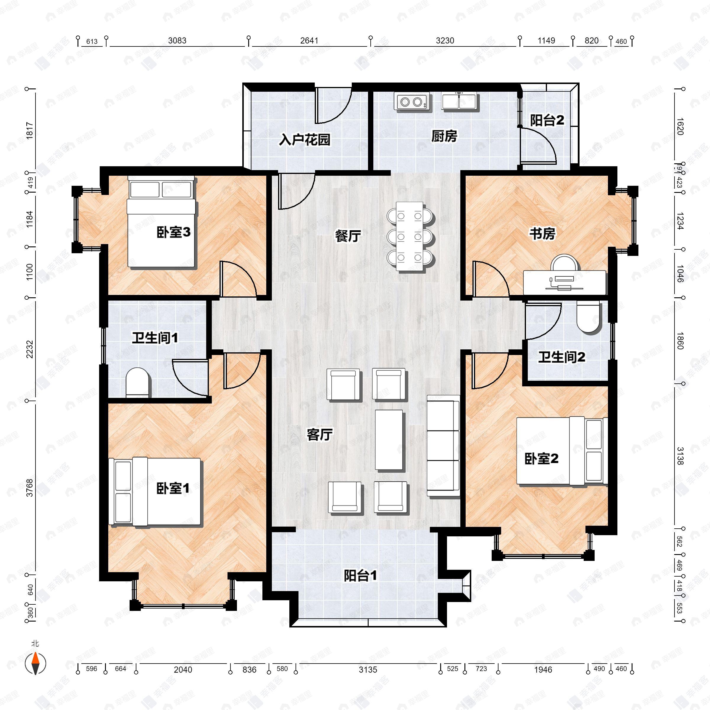 4室2厅2卫建面132平南户型图