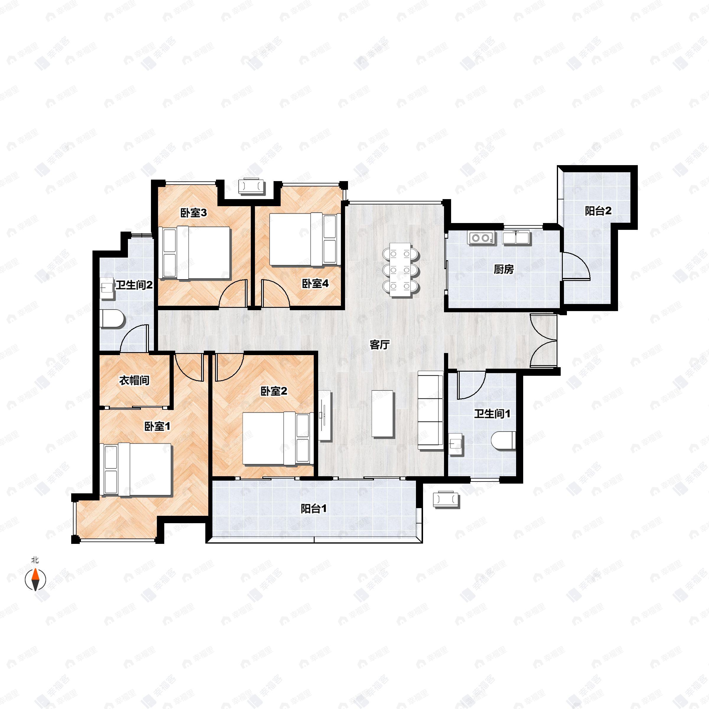 4室2厅2卫建面125平北|南户型图