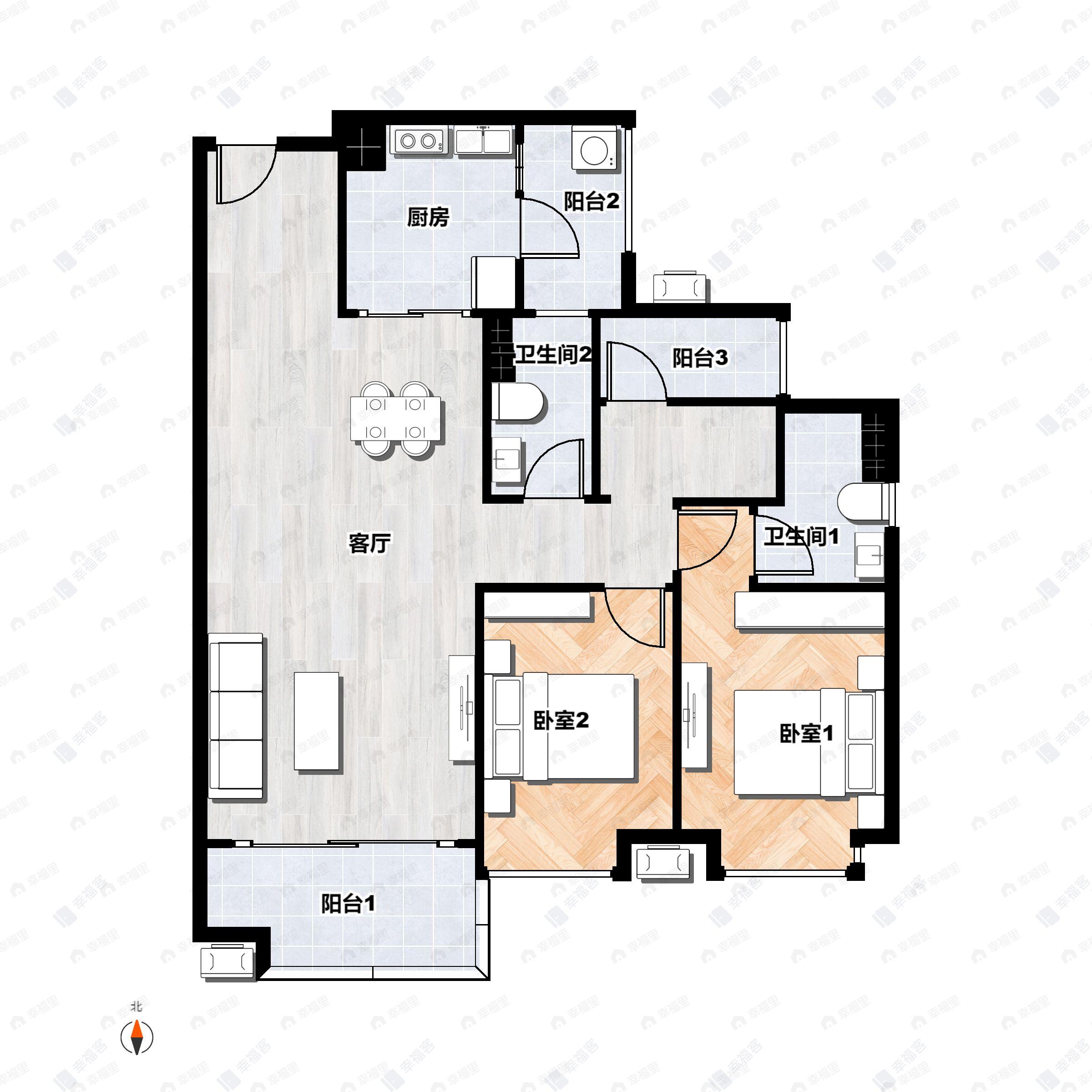 2室2厅2卫建面100平户型图
