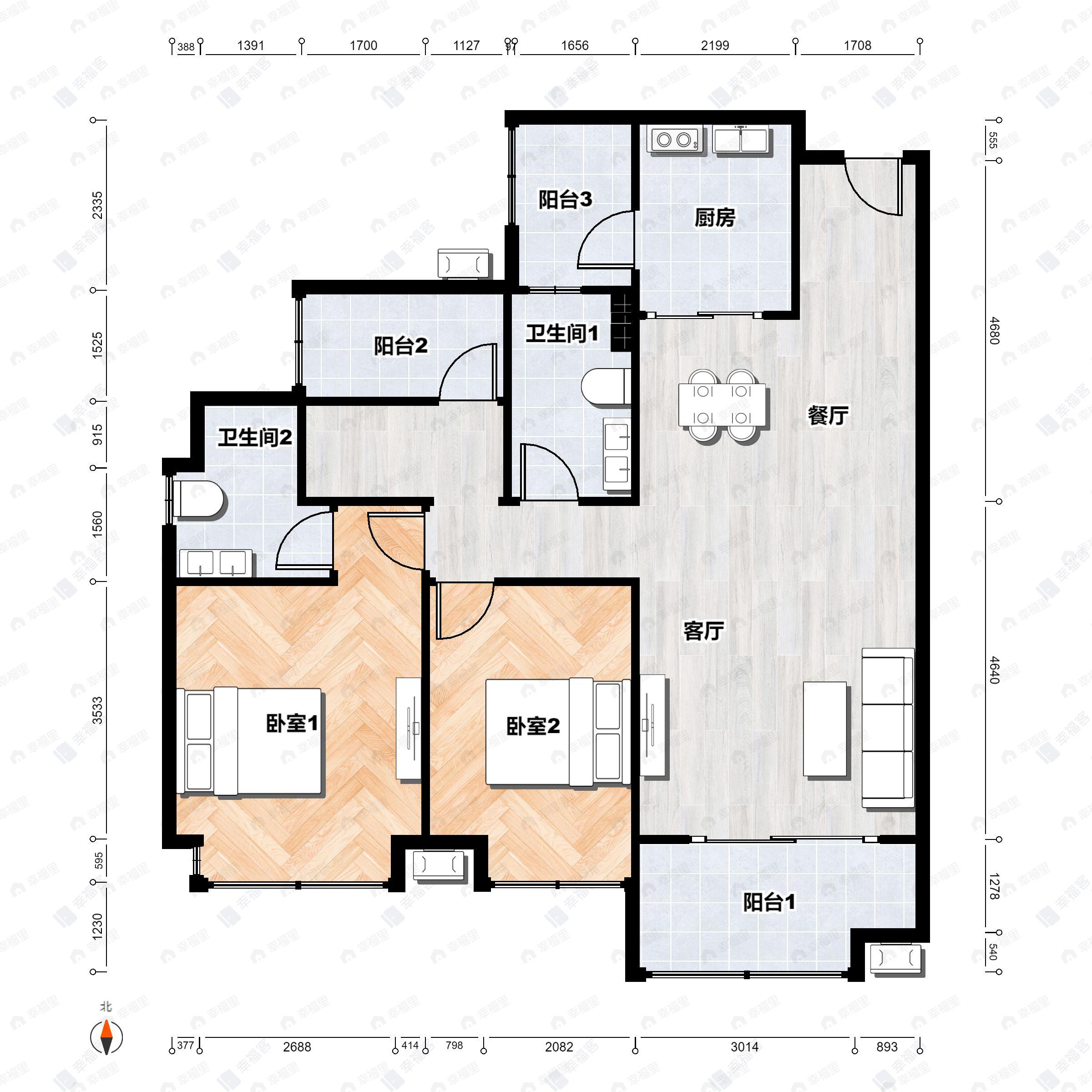 2室2厅2卫建面111平户型图