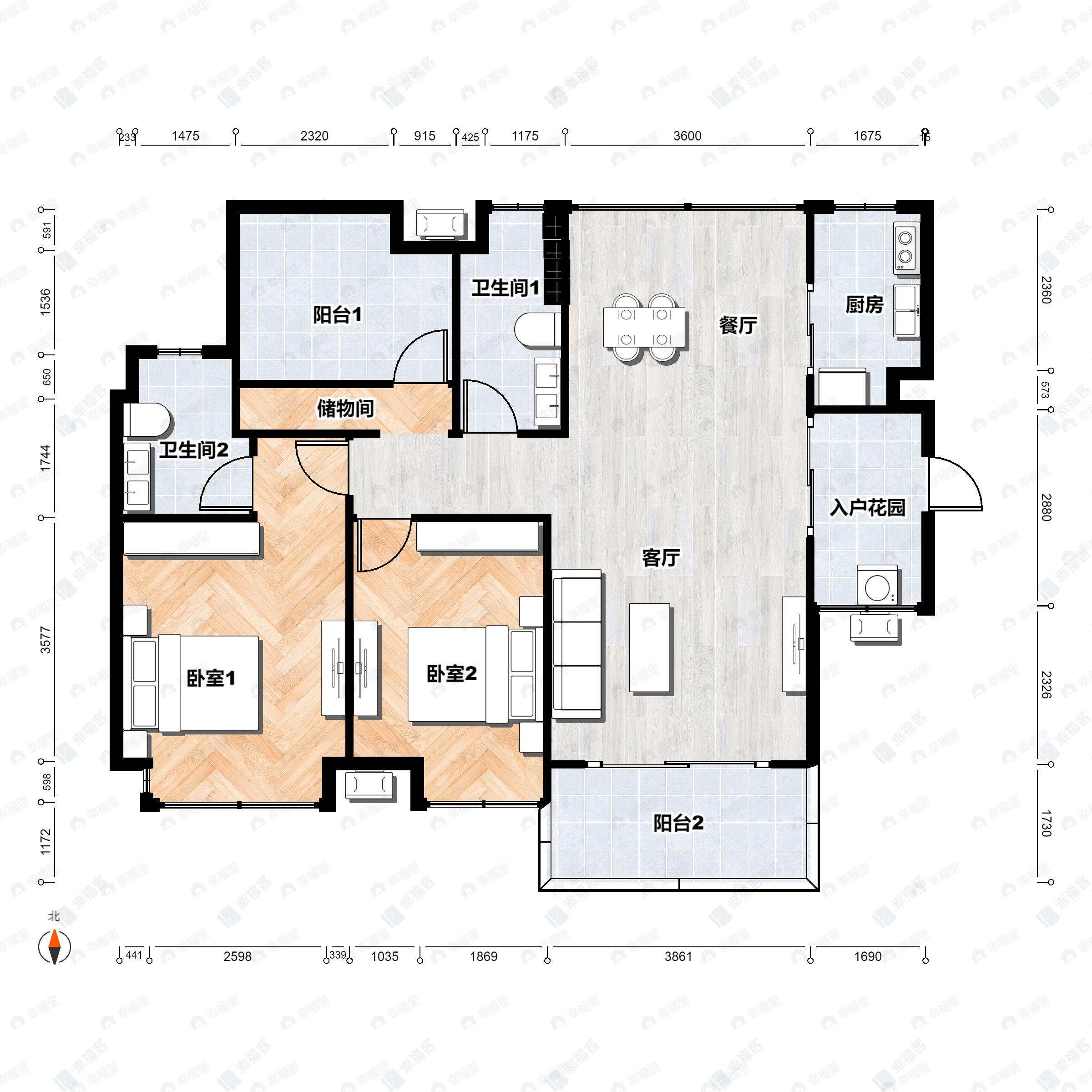 2室2厅2卫建面115平户型图
