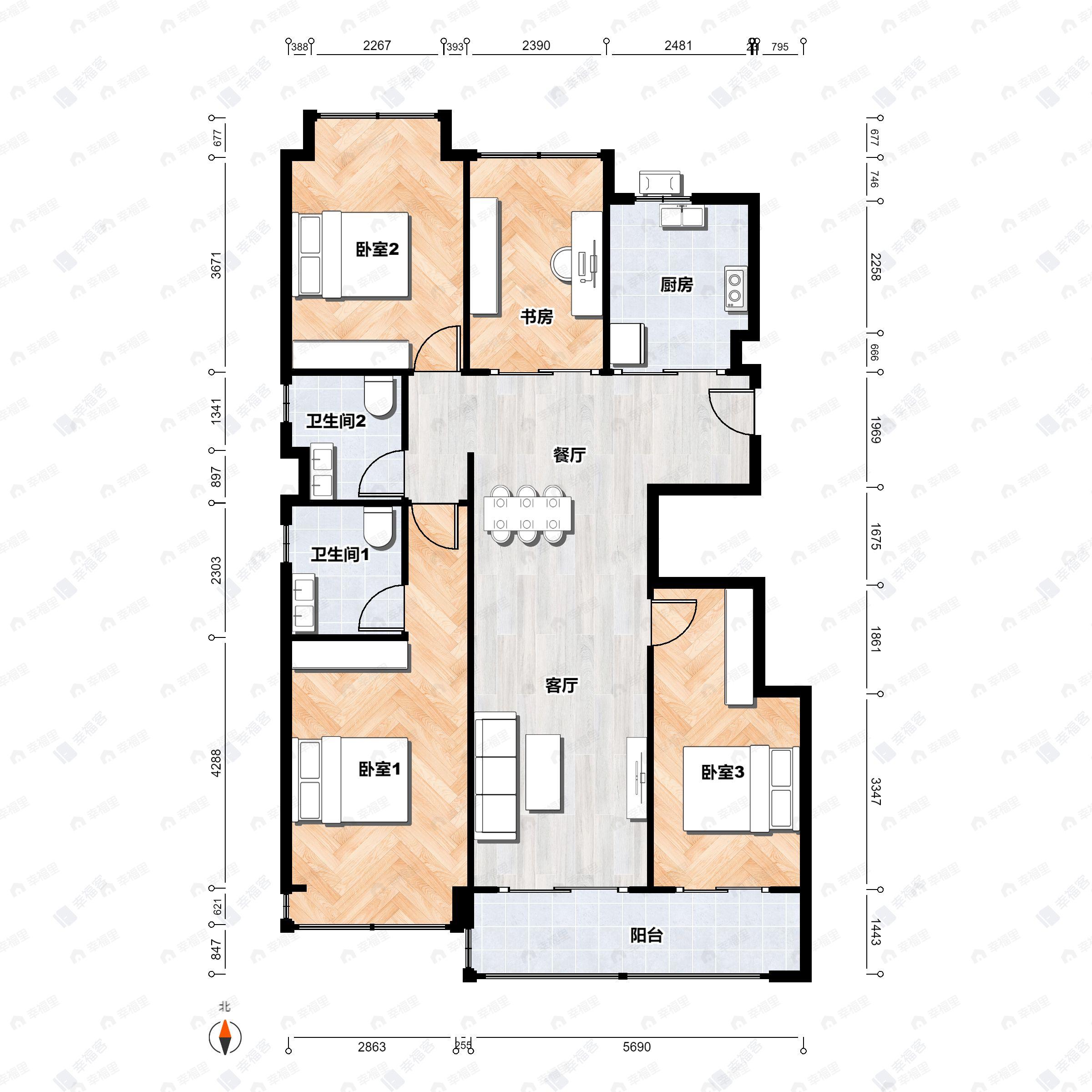 4室2厅2卫建面125平南户型图