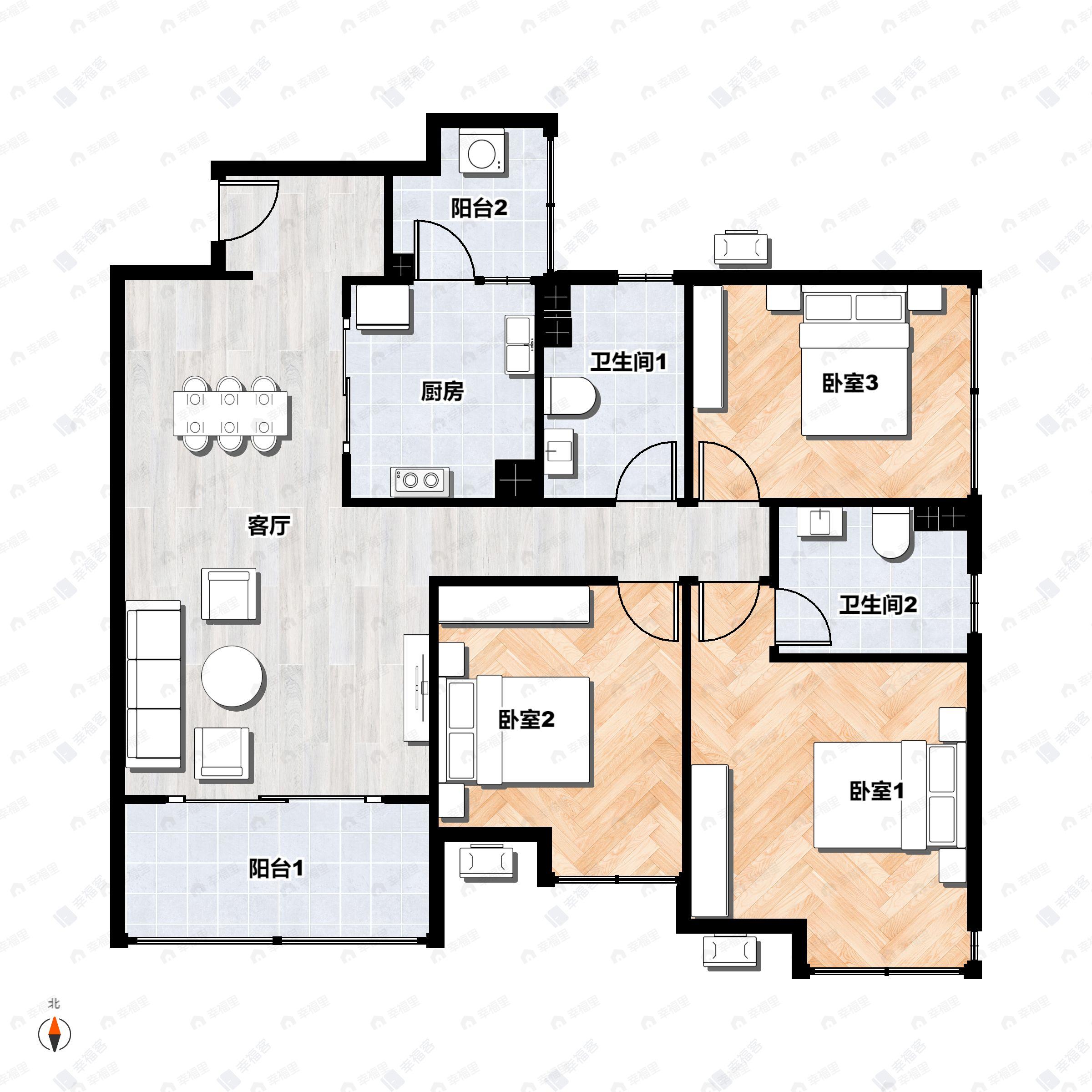 3室2厅2卫建面117平南户型图