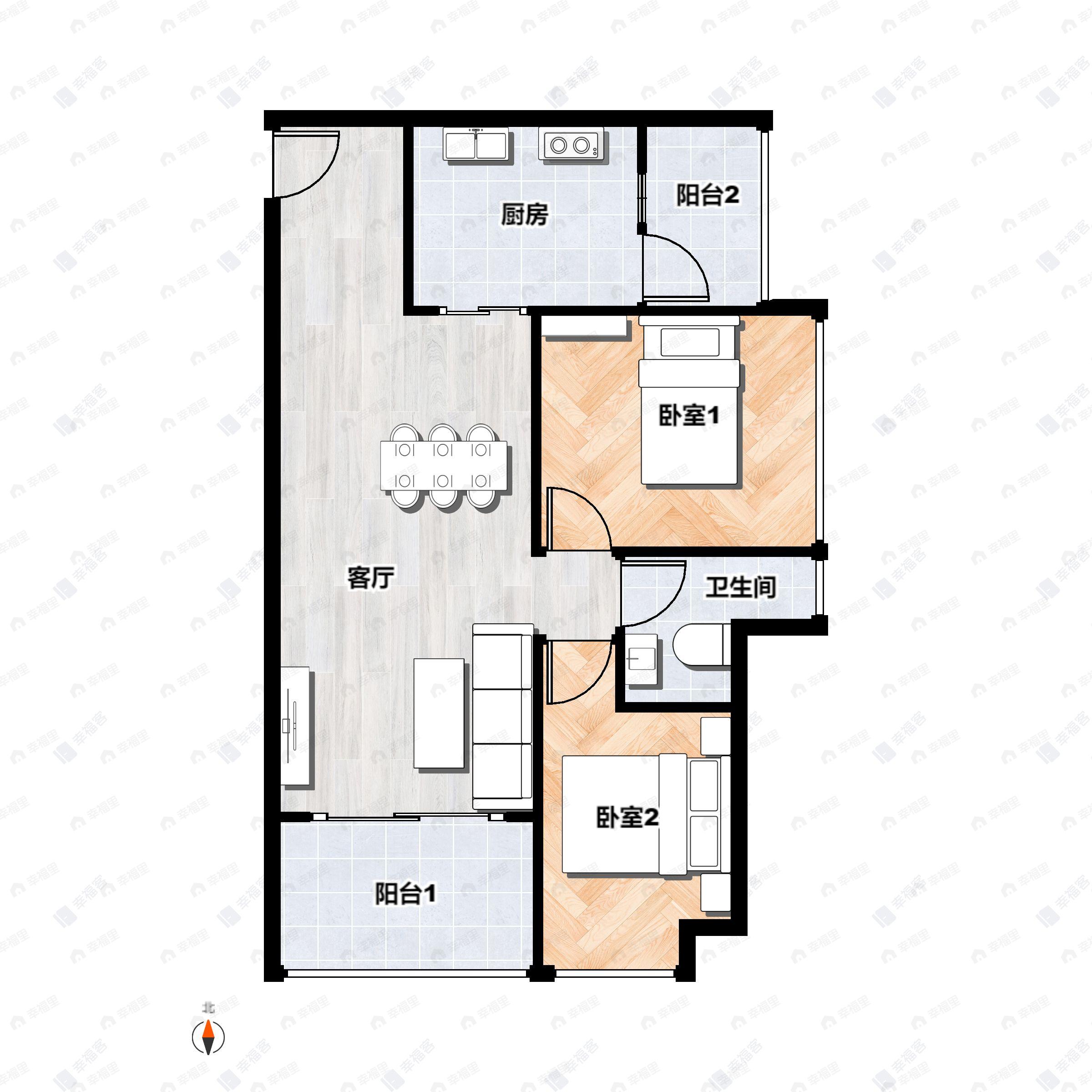 2室2厅1卫建面68平户型图