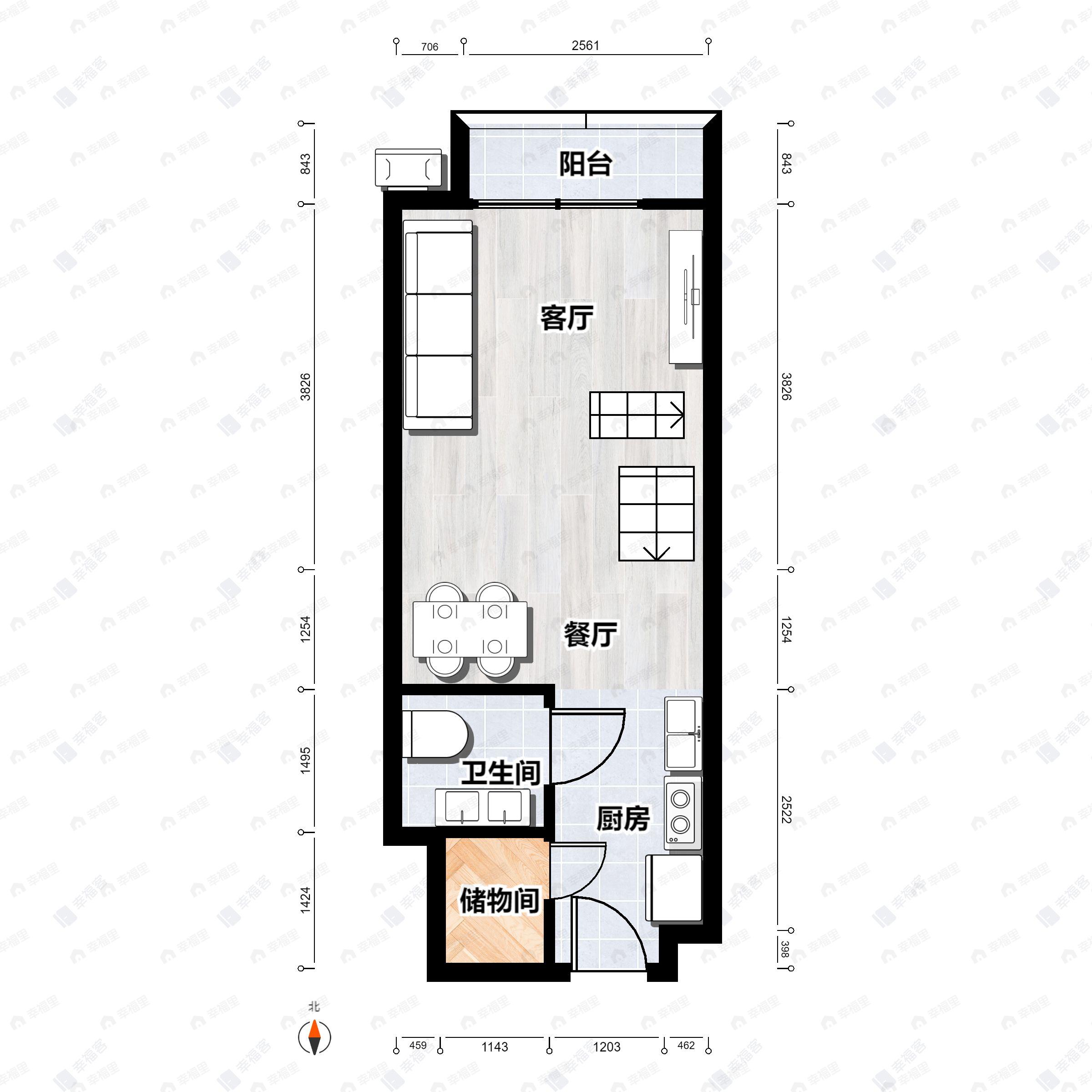 1室1厅1卫建面35m²北户型图