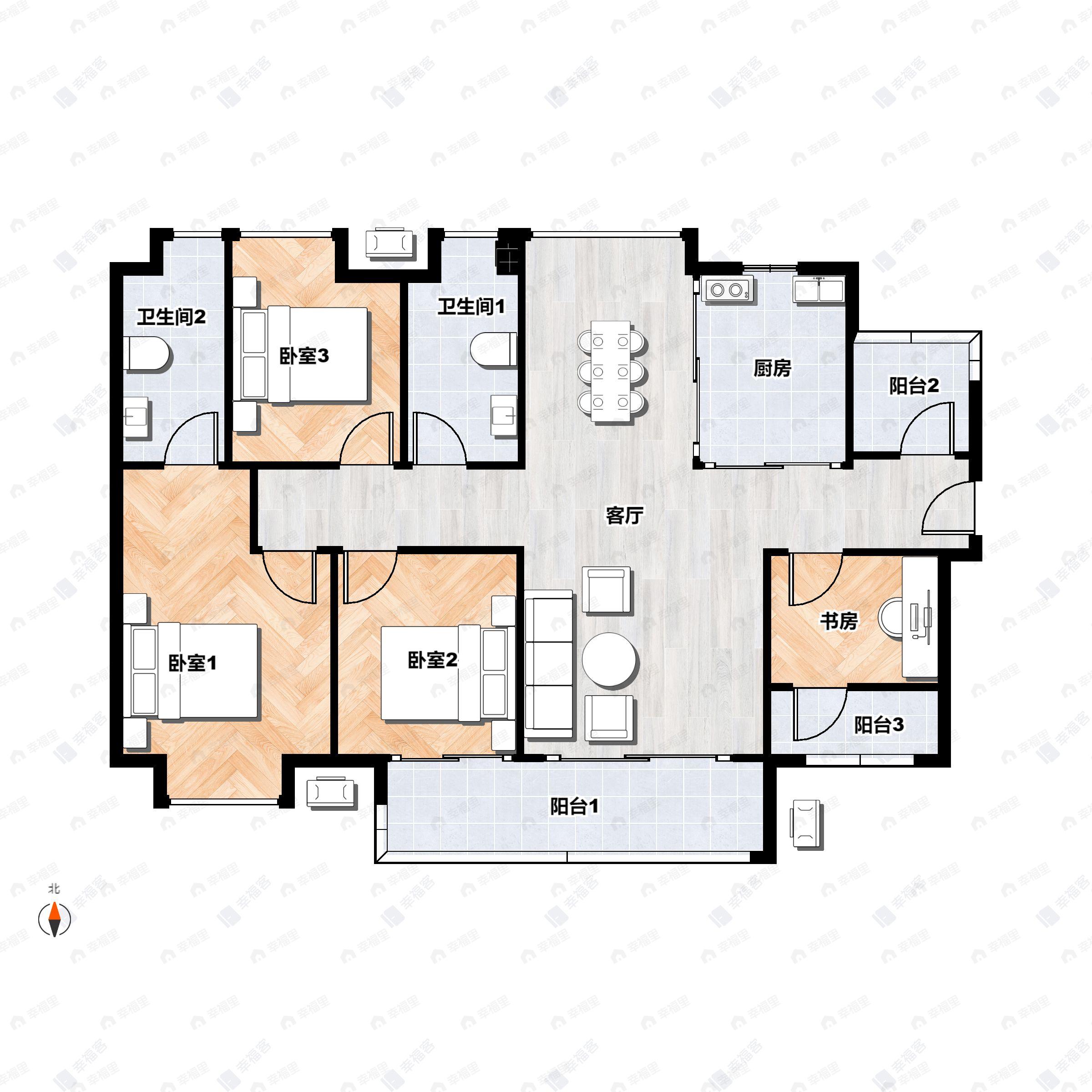 4室2厅2卫建面115平南户型图