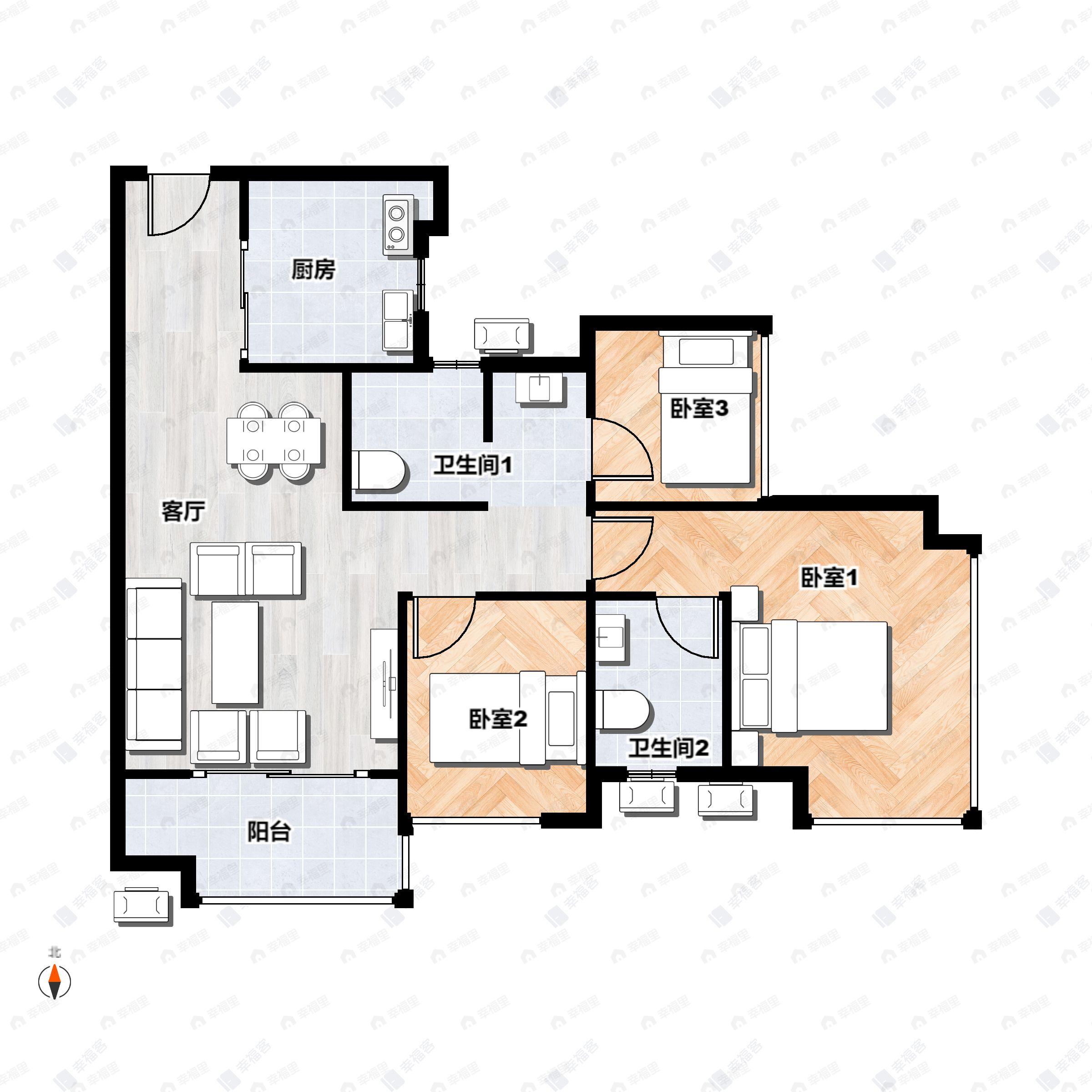 3室2厅2卫建面79平南户型图