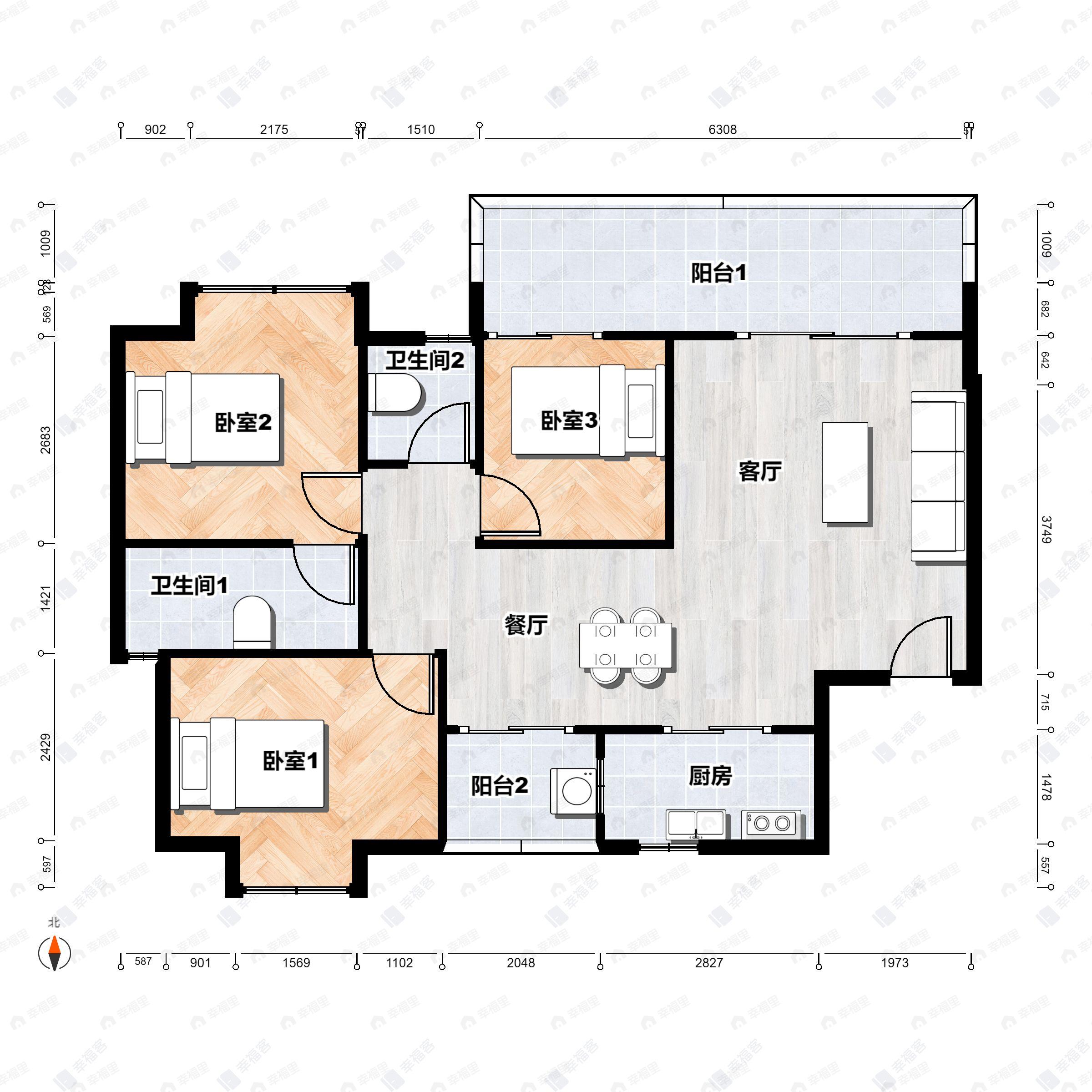 3室2厅2卫建面115平户型图