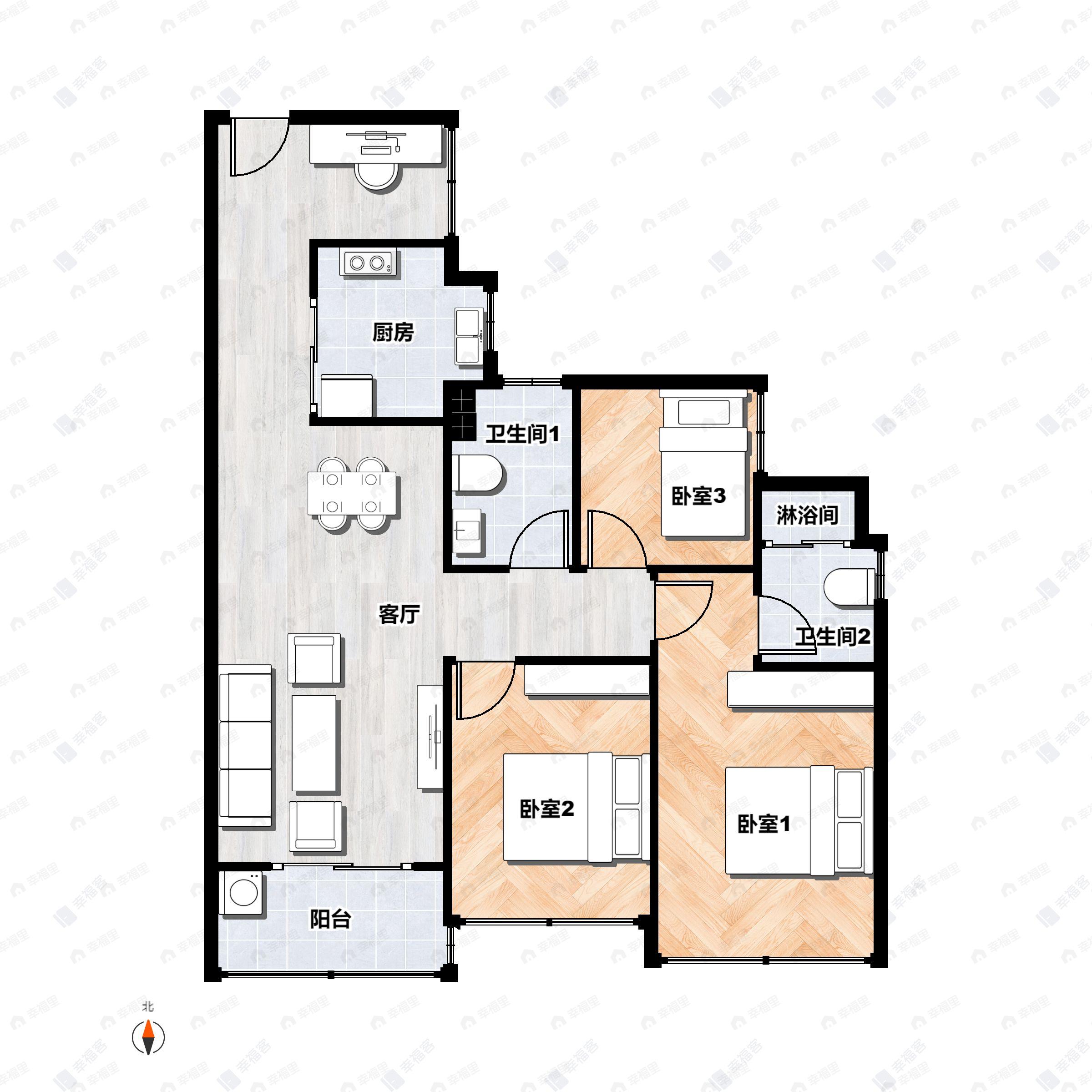 3室2厅2卫建面89平户型图