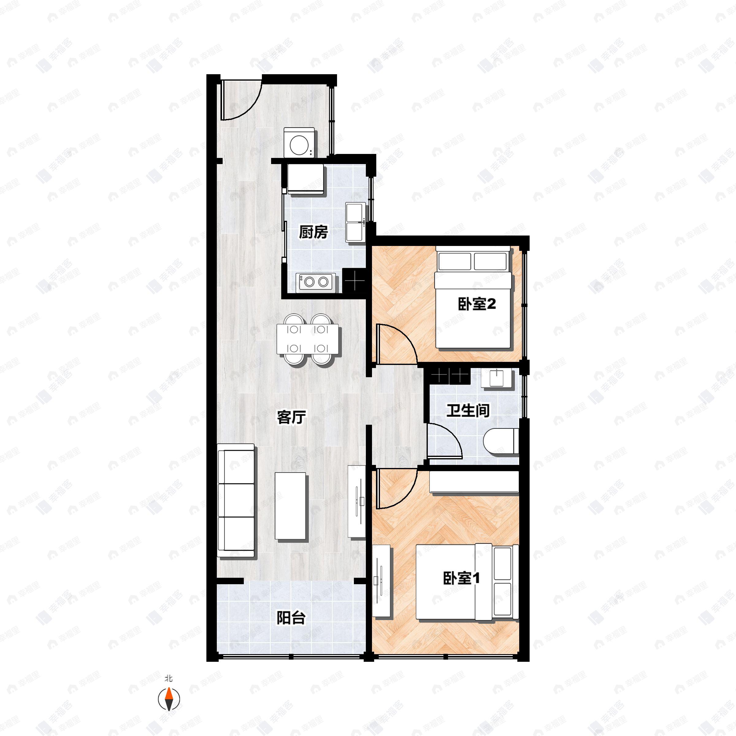 2室2厅1卫建面65m²南户型图
